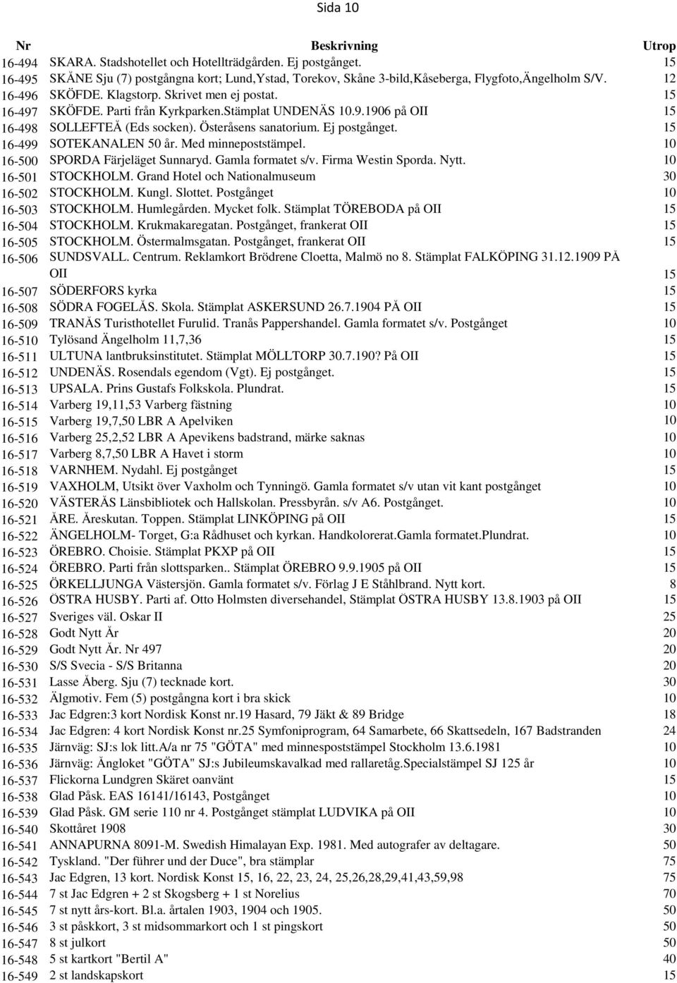 15 16-499 SOTEKANALEN 50 år. Med minnepoststämpel. 10 16-500 SPORDA Färjeläget Sunnaryd. Gamla formatet s/v. Firma Westin Sporda. Nytt. 10 16-501 STOCKHOLM.