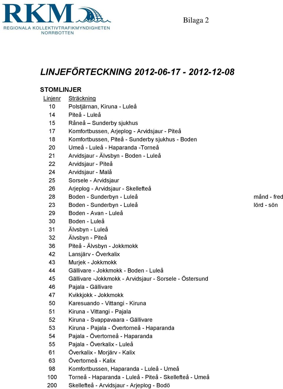 Skellefteå 28 Boden - Sunderbyn - Luleå månd - fred 23 Boden - Sunderbyn - Luleå lörd - sön 29 Boden - Avan - Luleå 30 Boden - Luleå 31 Älvsbyn - Luleå 32 Älvsbyn - Piteå 36 Piteå - Älvsbyn -