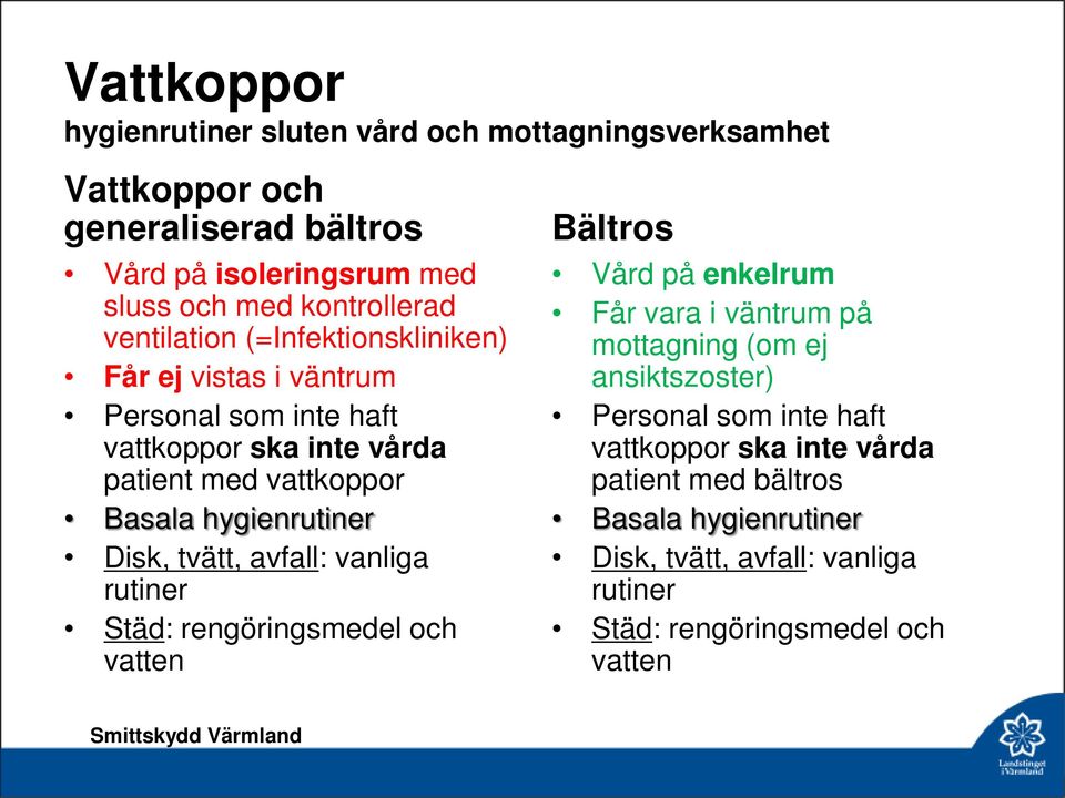 Disk, tvätt, avfall: vanliga rutiner Städ: rengöringsmedel och vatten Bältros Vård på enkelrum Får vara i väntrum på mottagning (om ej ansiktszoster)