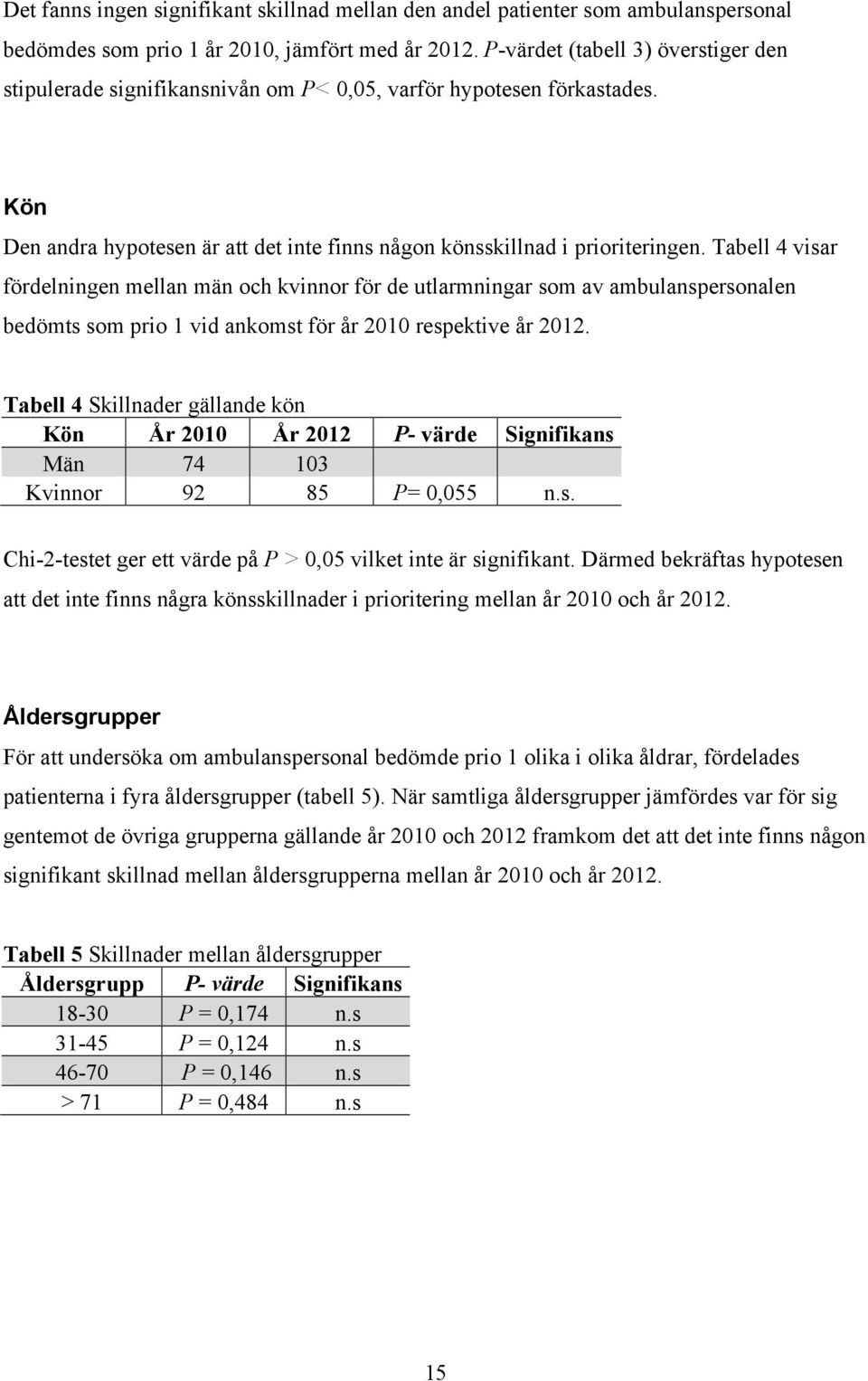 Tabell 4 visar fördelningen mellan män och kvinnor för de utlarmningar som av ambulanspersonalen bedömts som prio 1 vid ankomst för år 2010 respektive år 2012.