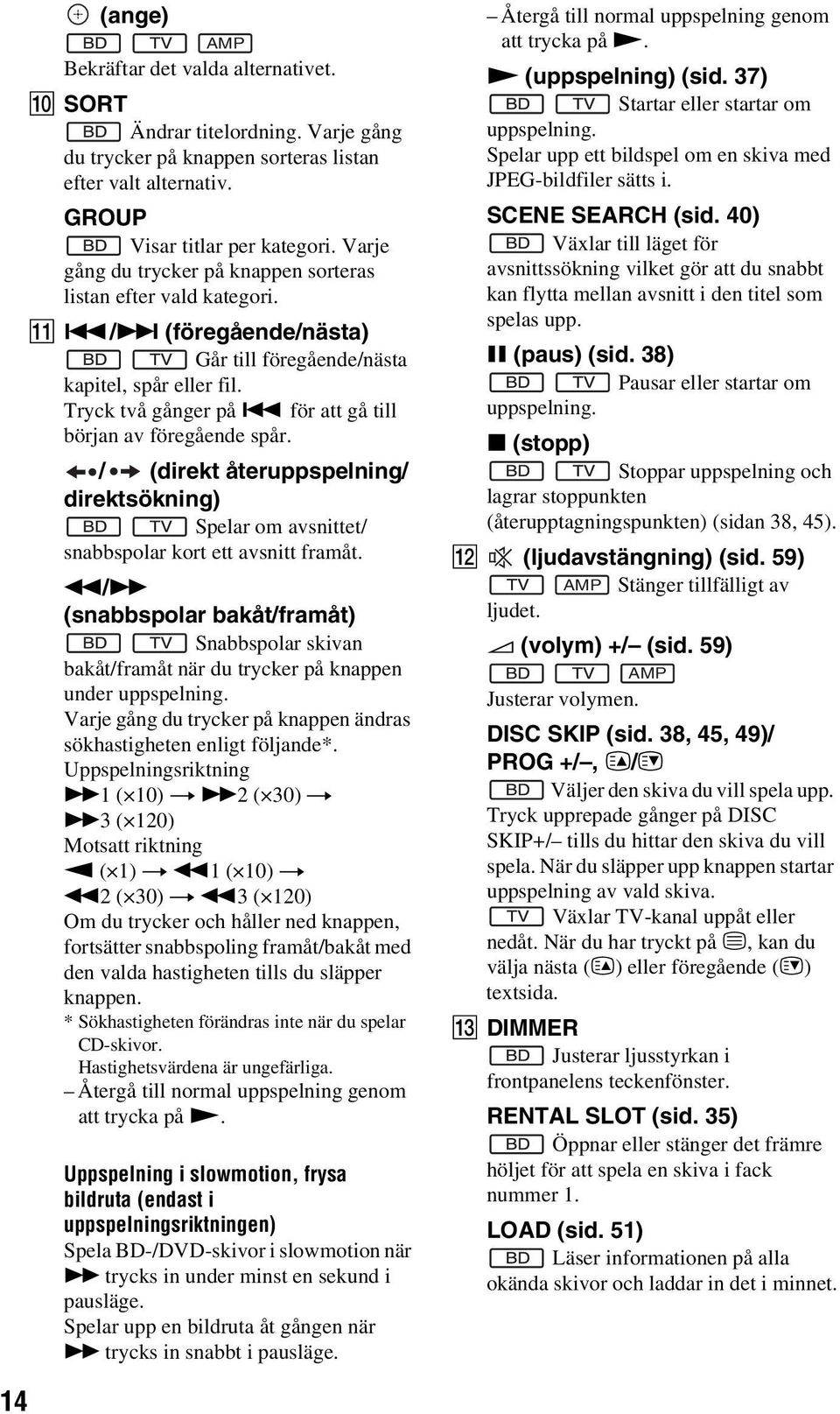 för att gå till början av föregående spår. / (direkt återuppspelning/ direktsökning) Spelar om avsnittet/ snabbspolar kort ett avsnitt framåt.