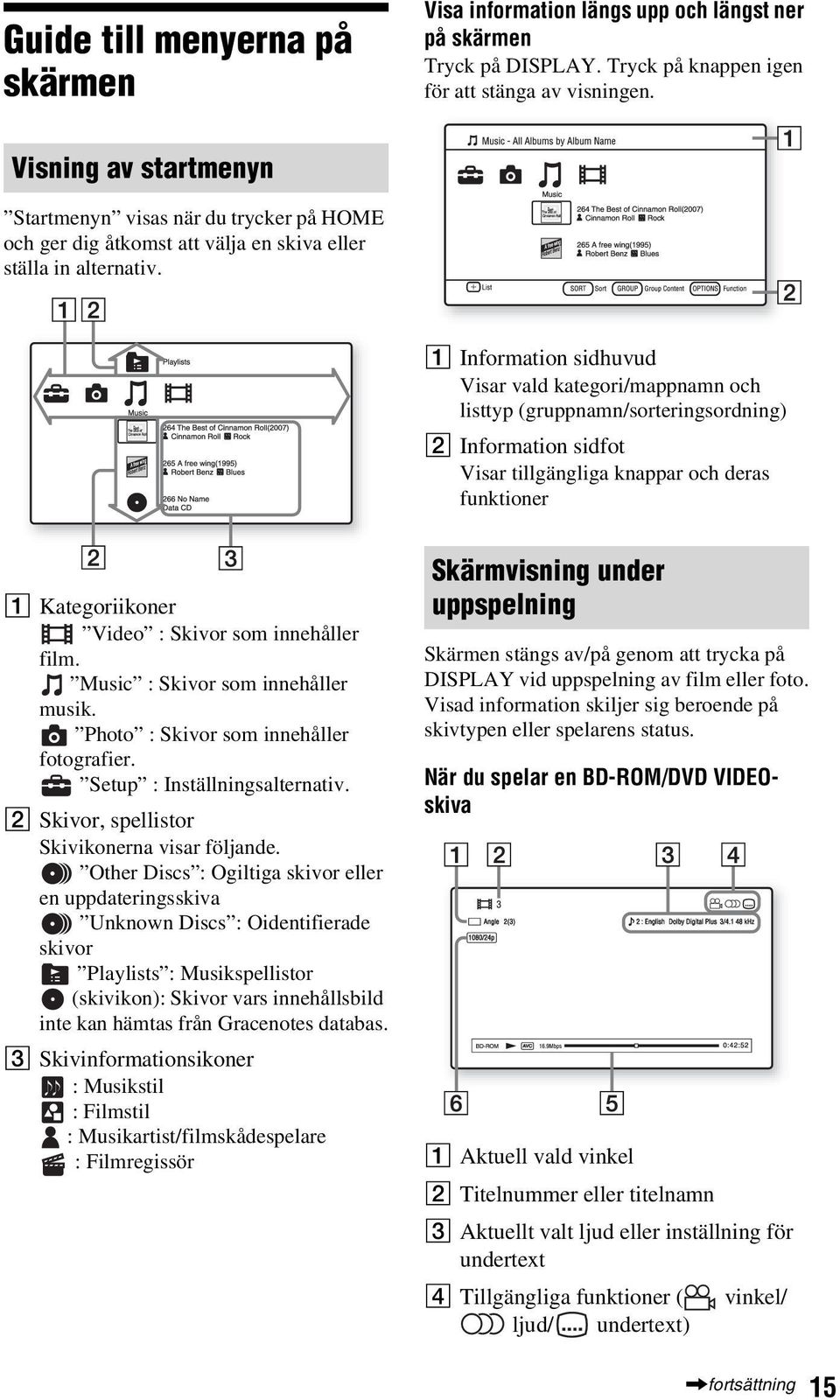 A Information sidhuvud Visar vald kategori/mappnamn och listtyp (gruppnamn/sorteringsordning) B Information sidfot Visar tillgängliga knappar och deras funktioner A Kategoriikoner Video : Skivor som