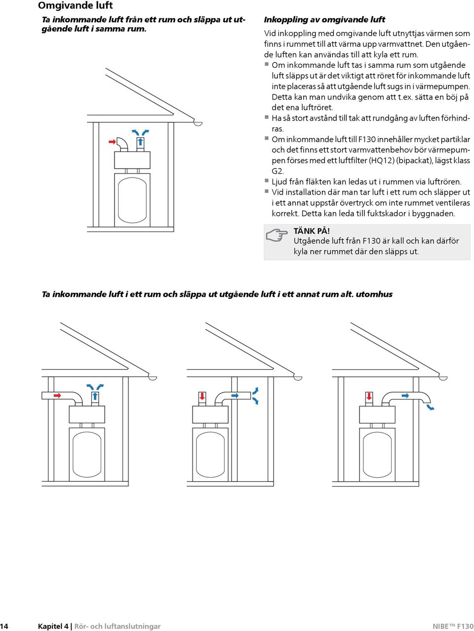 Om inkommande luft tas i samma rum som utgående luft släpps ut är det viktigt att röret för inkommande luft inte placeras så att utgående luft sugs in i värmepumpen. Detta kan man undvika genom att t.