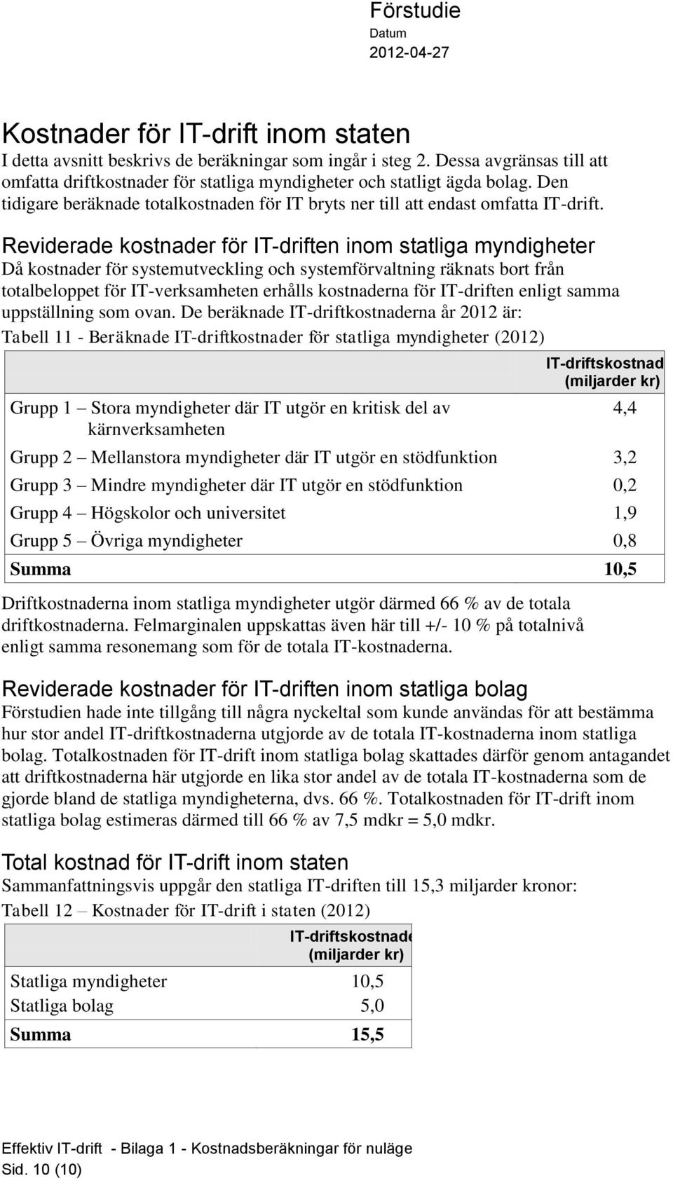 Reviderade kostnader för IT-driften inom statliga myndigheter Då kostnader för systemutveckling och systemförvaltning räknats bort från totalbeloppet för IT-verksamheten erhålls kostnaderna för