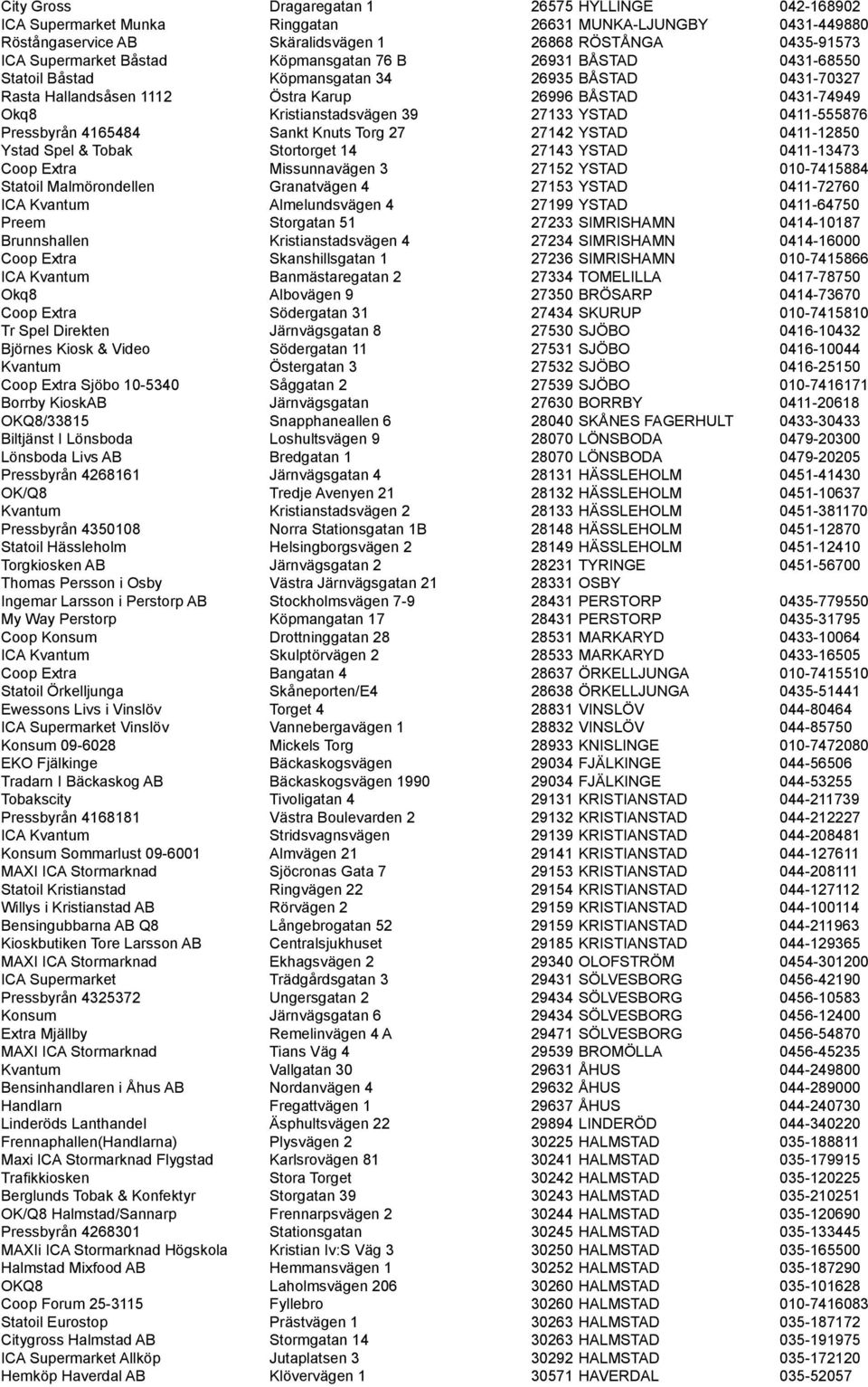 YSTAD 0411-555876 Pressbyrån 4165484 Sankt Knuts Torg 27 27142 YSTAD 0411-12850 Ystad Spel & Tobak Stortorget 14 27143 YSTAD 0411-13473 Coop Extra Missunnavägen 3 27152 YSTAD 010-7415884 Statoil