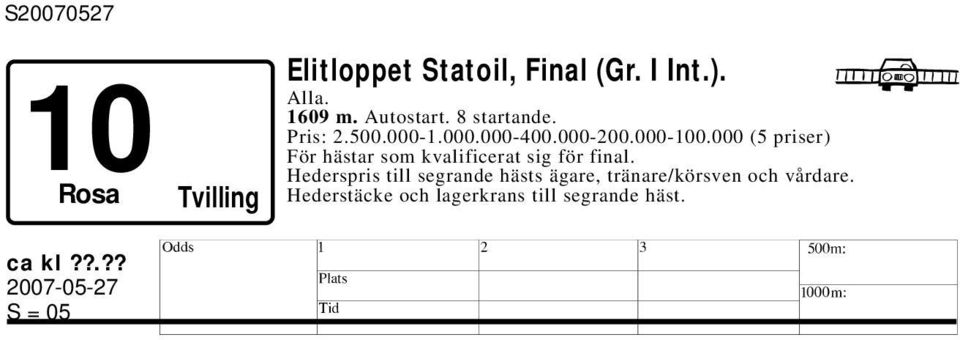 000 (5 priser) För hästar som kvalificerat sig för final.