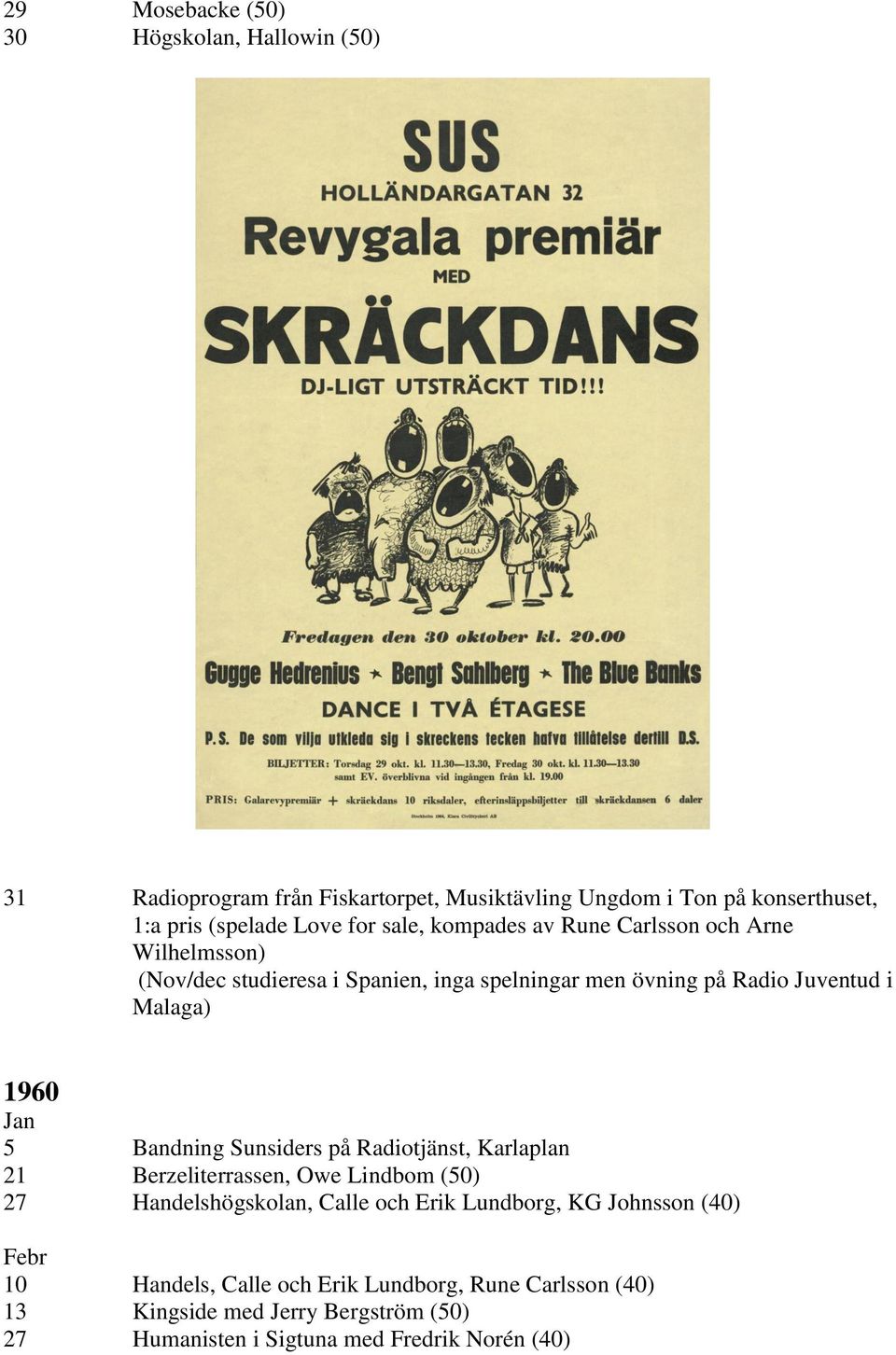 1960 Jan 5 Bandning Sunsiders på Radiotjänst, Karlaplan 21 Berzeliterrassen, Owe Lindbom (50) 27 Handelshögskolan, Calle och Erik Lundborg, KG