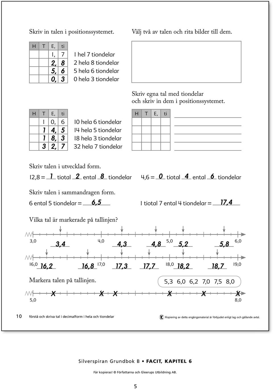 H T E, ti 0, 6 0 hela 6 tiondelar, 8, hela tiondelar 8 hela tiondelar hela 7 tiondelar, 7 H T E, ti Skriv talen i utvecklad form.