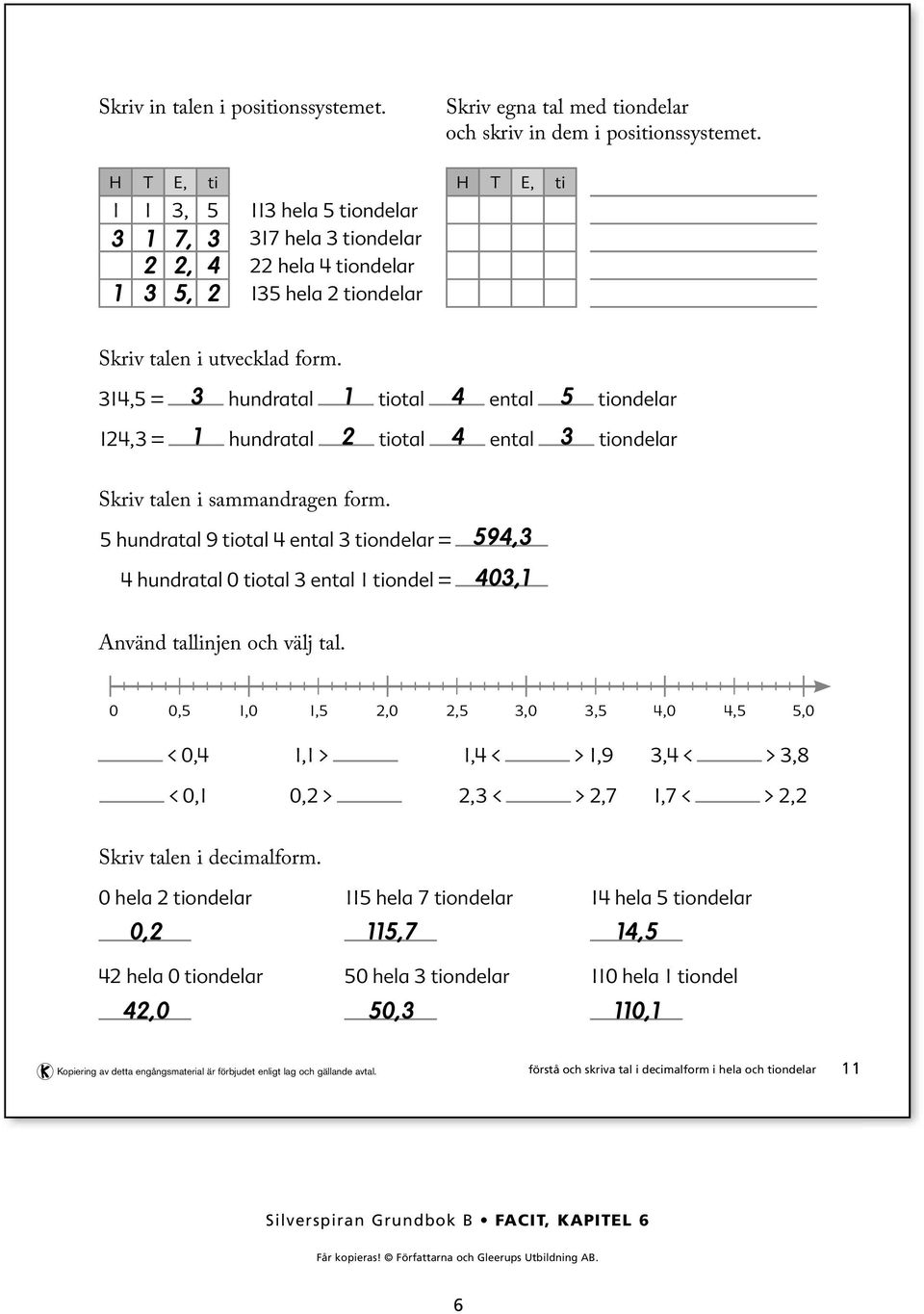 hundratal 9 tiotal ental tiondelar = hundratal 0 tiotal ental tiondel = 9, 0, Använd tallinjen och välj tal.