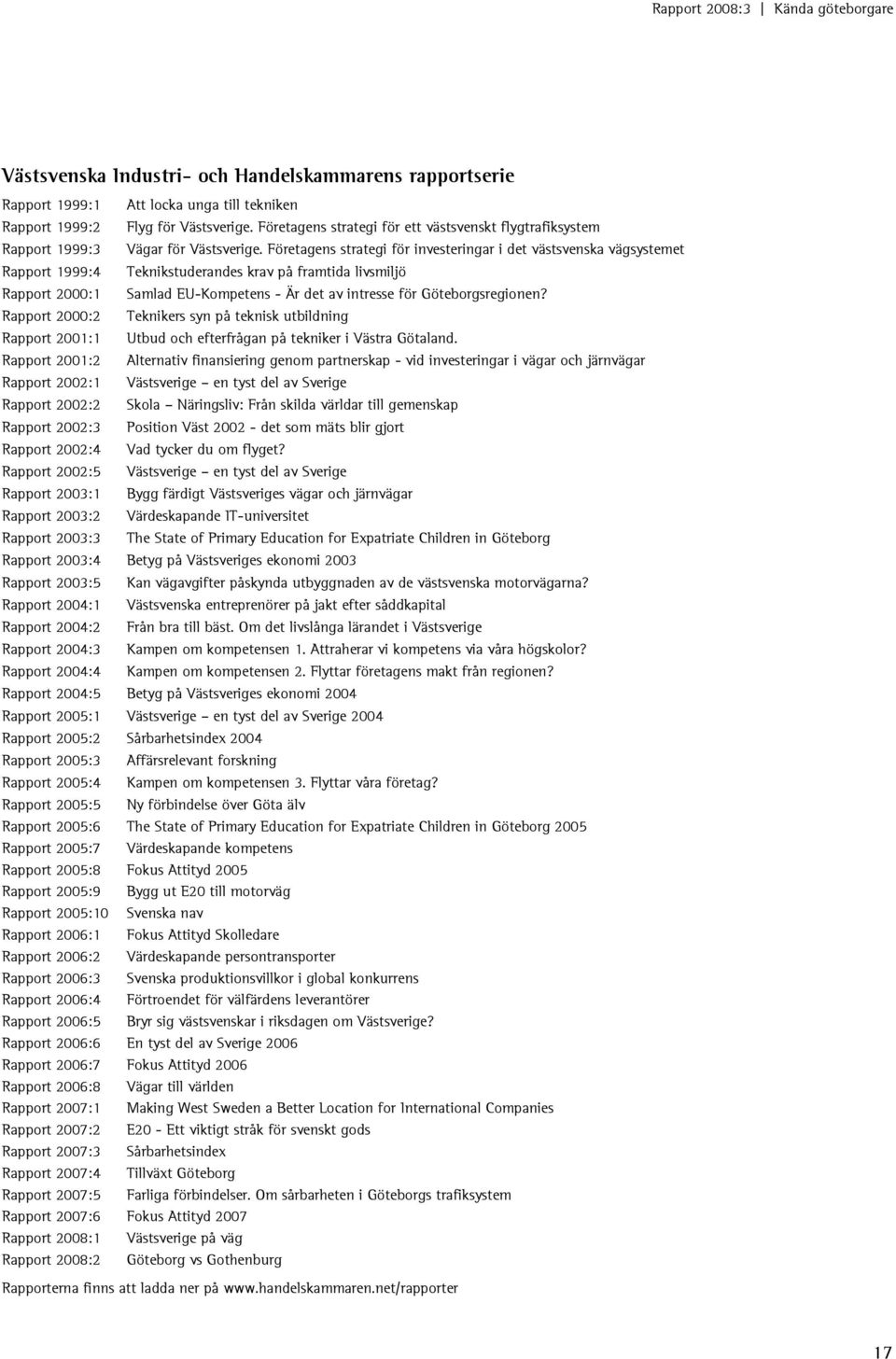 Företagens strategi för investeringar i det västsvenska vägsystemet Rapport 1999:4 Teknikstuderandes krav på framtida livsmiljö Rapport 2000:1 Samlad EU-Kompetens - Är det av intresse för