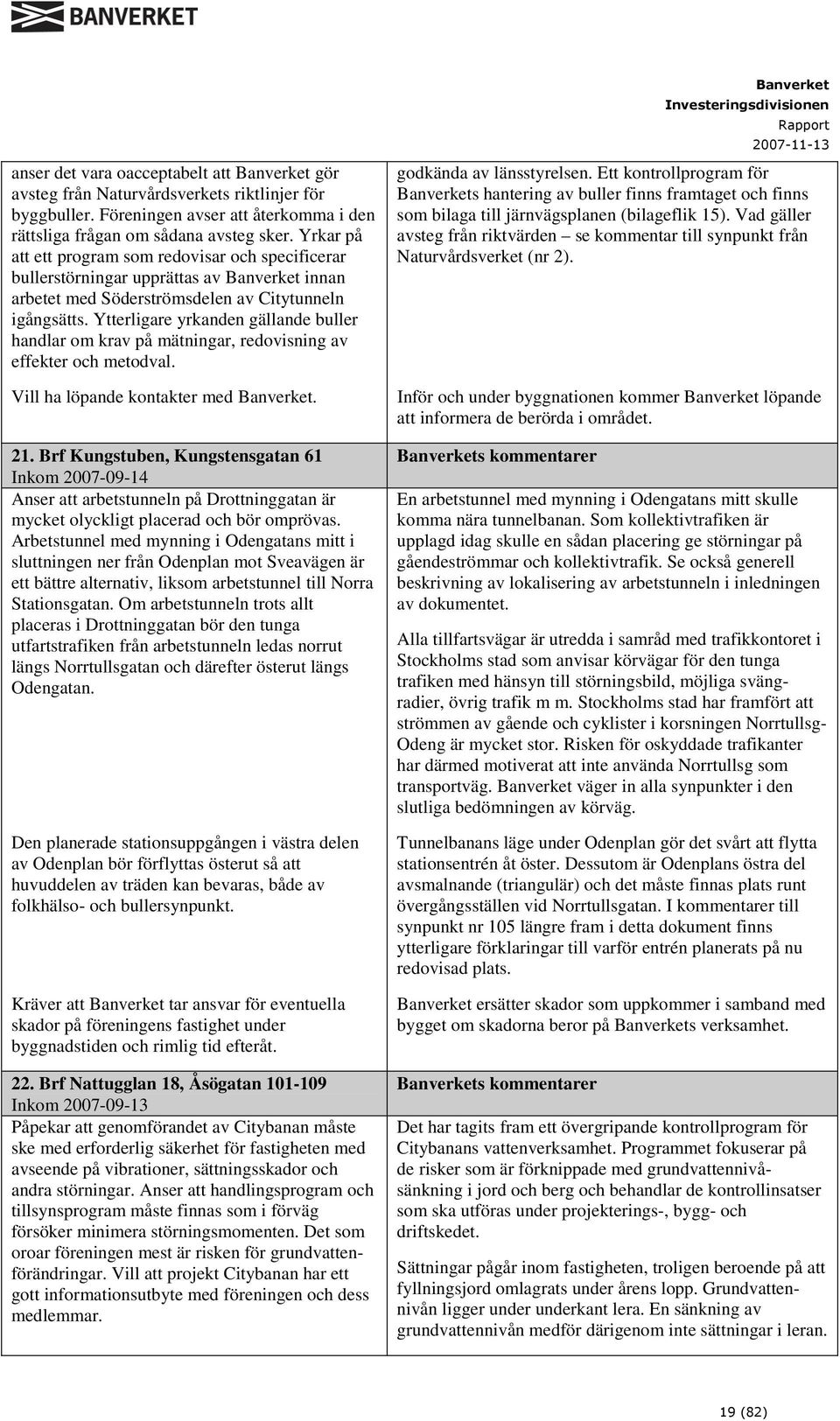 Ytterligare yrkanden gällande buller handlar om krav på mätningar, redovisning av effekter och metodval. Vill ha löpande kontakter med. 21.