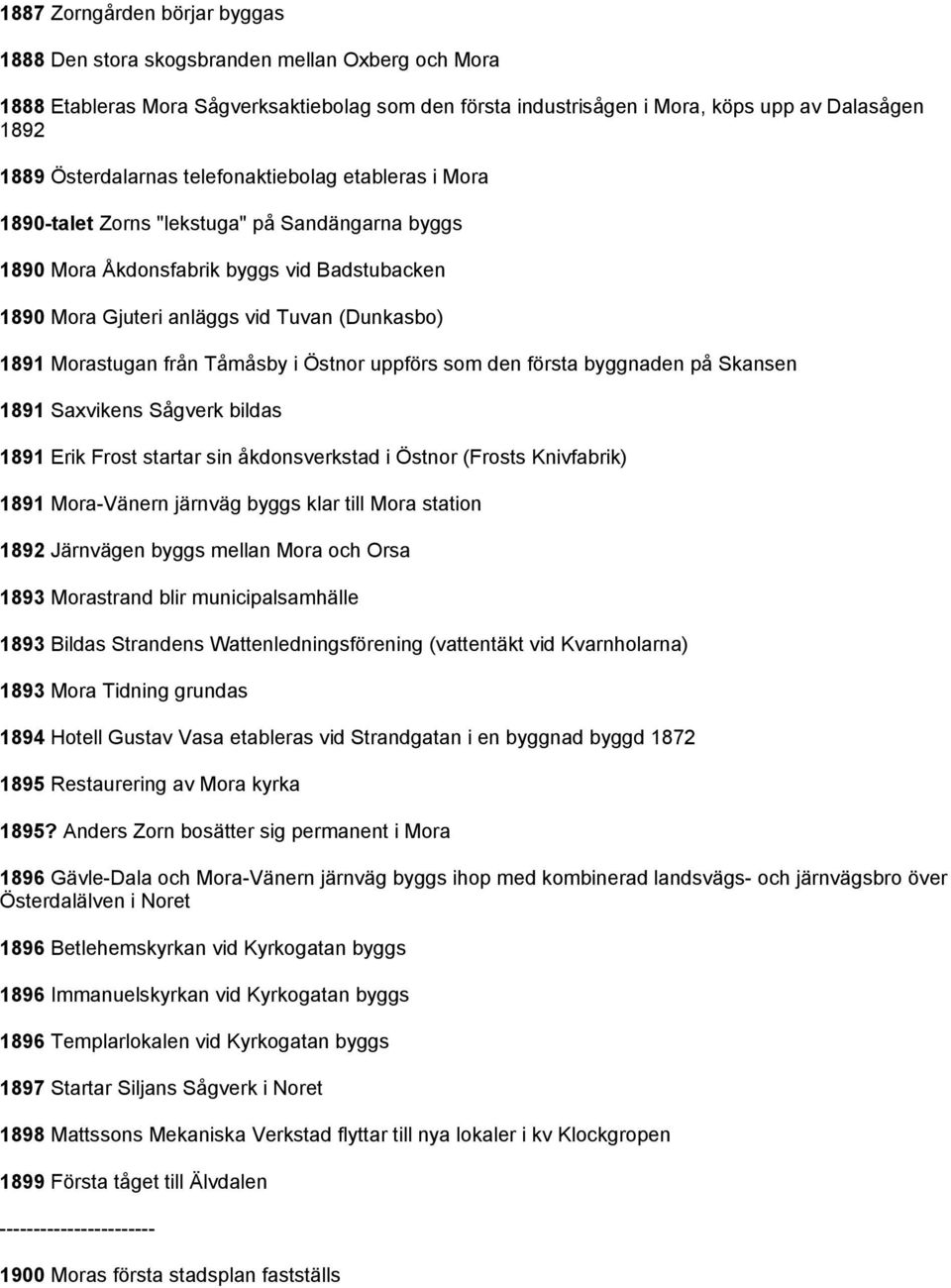 Morastugan från Tåmåsby i Östnor uppförs som den första byggnaden på Skansen 1891 Saxvikens Sågverk bildas 1891 Erik Frost startar sin åkdonsverkstad i Östnor (Frosts Knivfabrik) 1891 Mora-Vänern