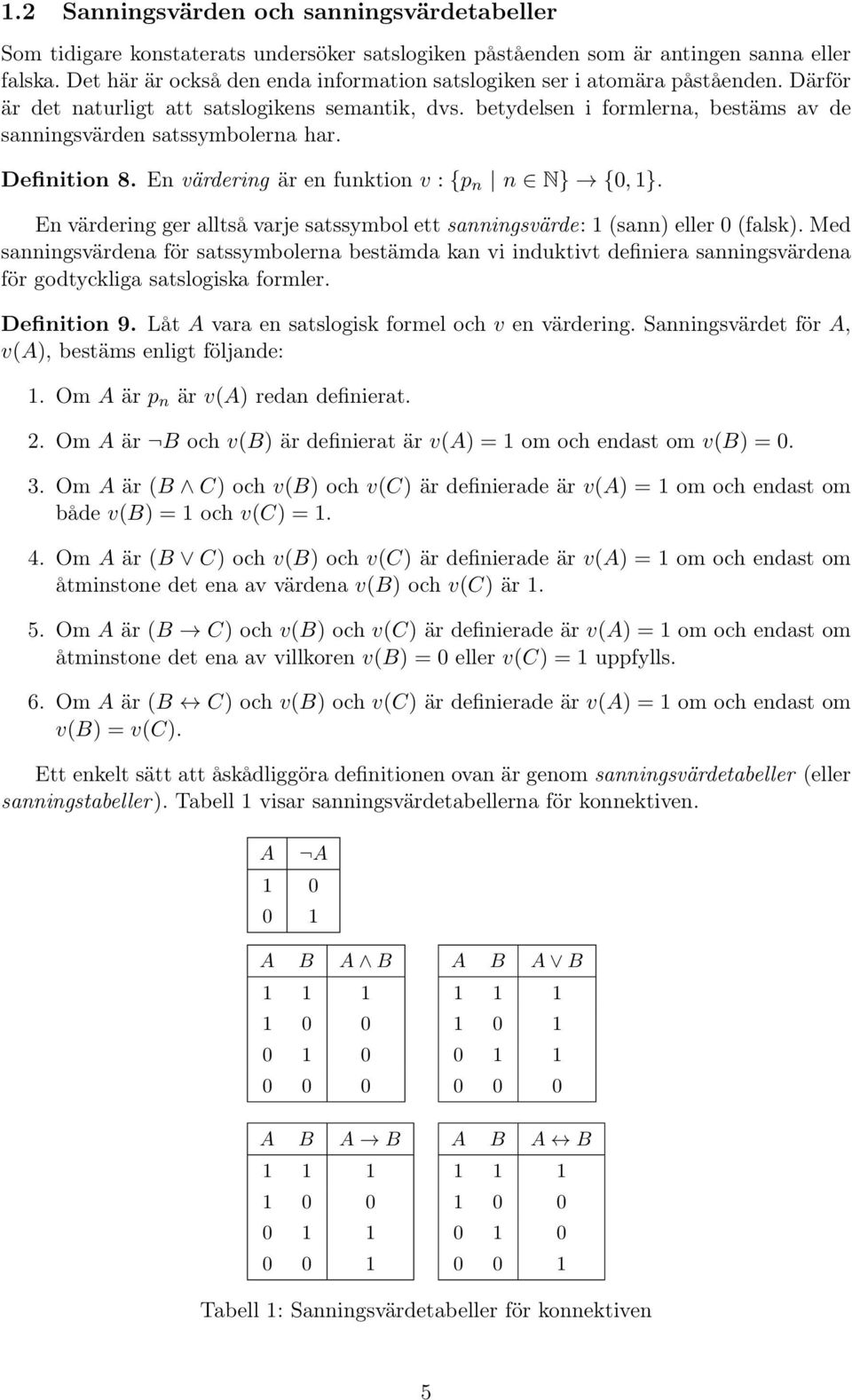 betydelsen i formlerna, bestäms av de sanningsvärden satssymbolerna har. Definition 8. En värdering är en funktion v : {p n n N} {0, 1}.