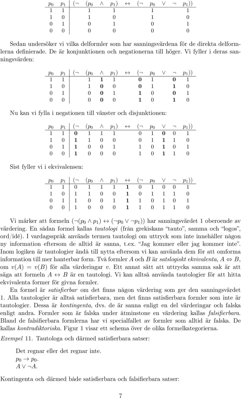 Vi fyller i deras sanningsvärden: p 0 p 1 ( (p 0 p 1 ) ( p 0 p 1 )) 1 1 1 1 1 0 1 0 1 1 0 1 0 0 0 1 1 0 0 1 0 0 1 1 0 0 1 0 0 0 0 0 1 0 1 0 Nu kan vi fylla i negationen till vänster och