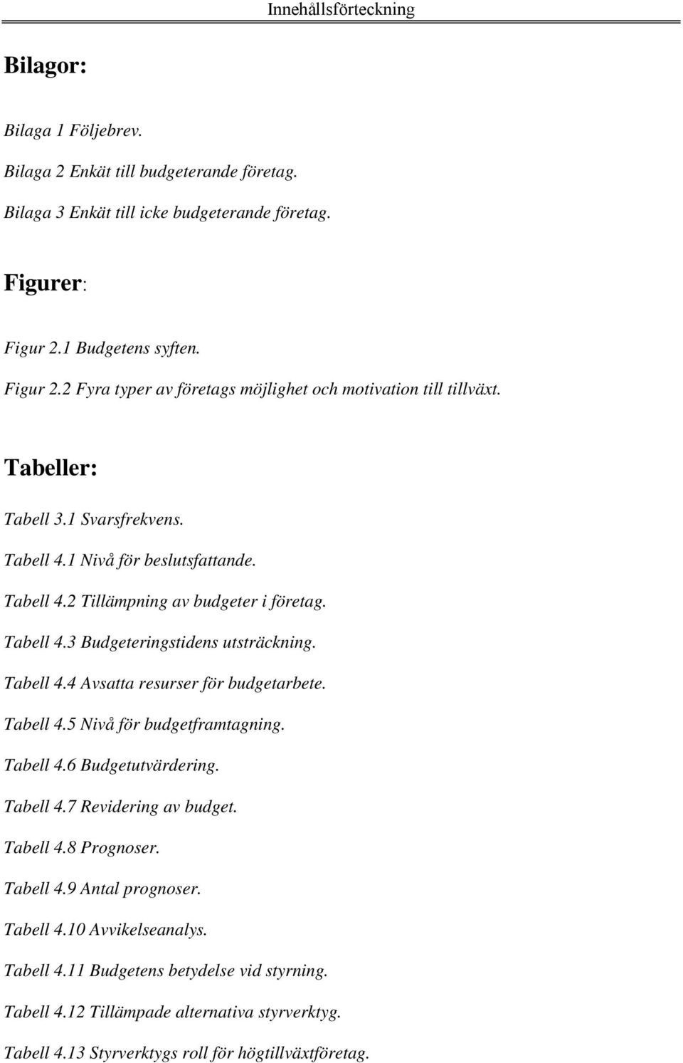 Tabell 4.3 Budgeteringstidens utsträckning. Tabell 4.4 Avsatta resurser för budgetarbete. Tabell 4.5 Nivå för budgetframtagning. Tabell 4.6 Budgetutvärdering. Tabell 4.7 Revidering av budget.