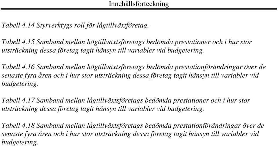 Tabell 4.17 Samband mellan lågtillväxtsföretags bedömda prestationer och i hur stor utsträckning dessa företag tagit hänsyn till variabler vid budgetering. Tabell 4.