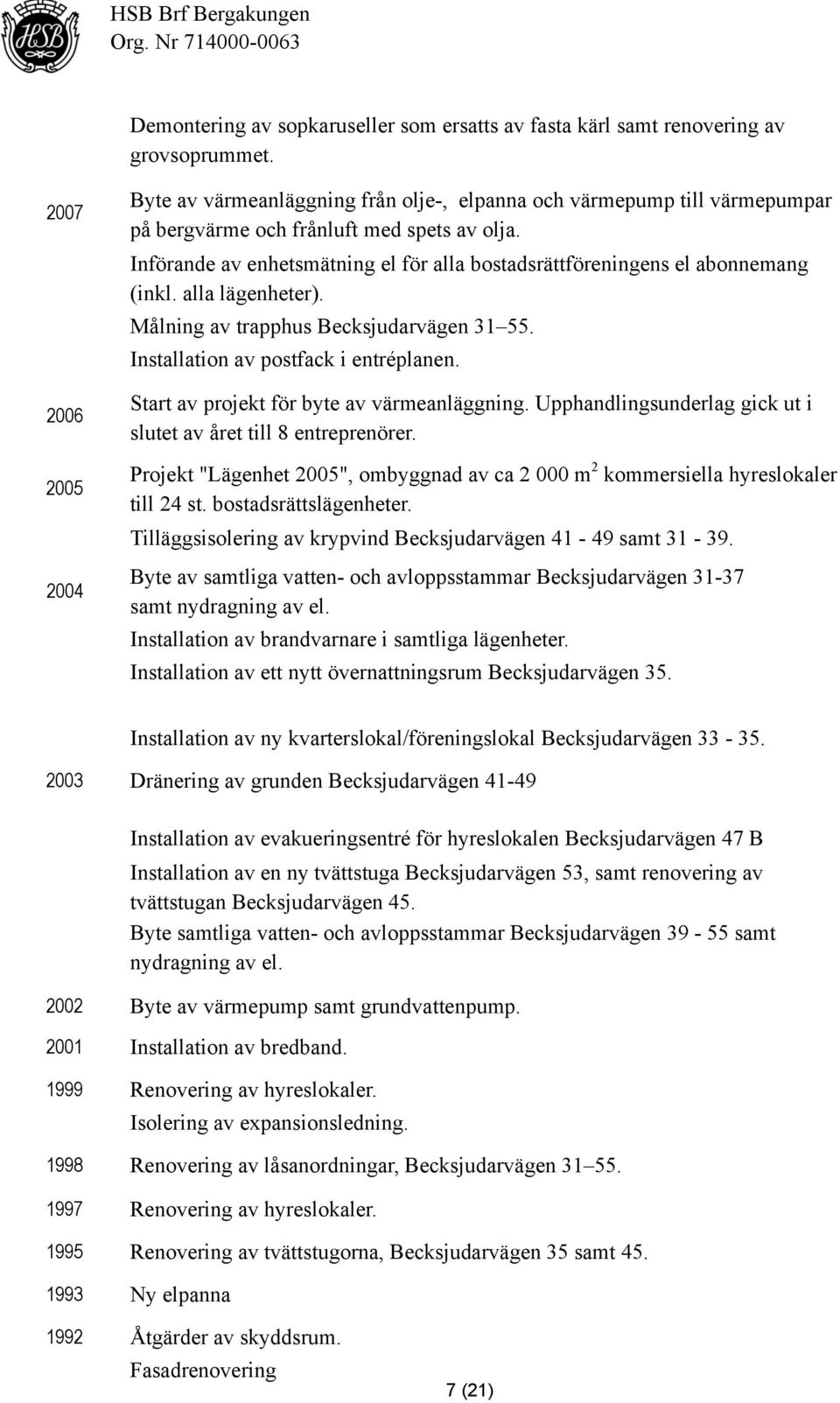 Införande av enhetsmätning el för alla bostadsrättföreningens el abonnemang (inkl. alla lägenheter). Målning av trapphus Becksjudarvägen 31 55. Installation av postfack i entréplanen.