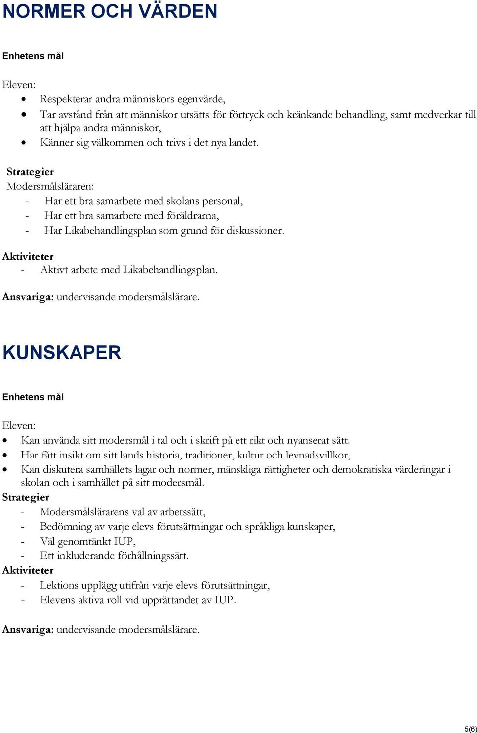 Modersmålsläraren: - Har ett bra samarbete med skolans personal, - Har ett bra samarbete med föräldrarna, - Har Likabehandlingsplan som grund för diskussioner. - Aktivt arbete med Likabehandlingsplan.