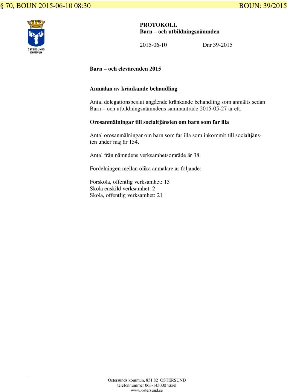 Orosanmälningar till socialtjänsten om barn som far illa Antal orosanmälningar om barn som far illa som inkommit till socialtjänsten under maj är 154.