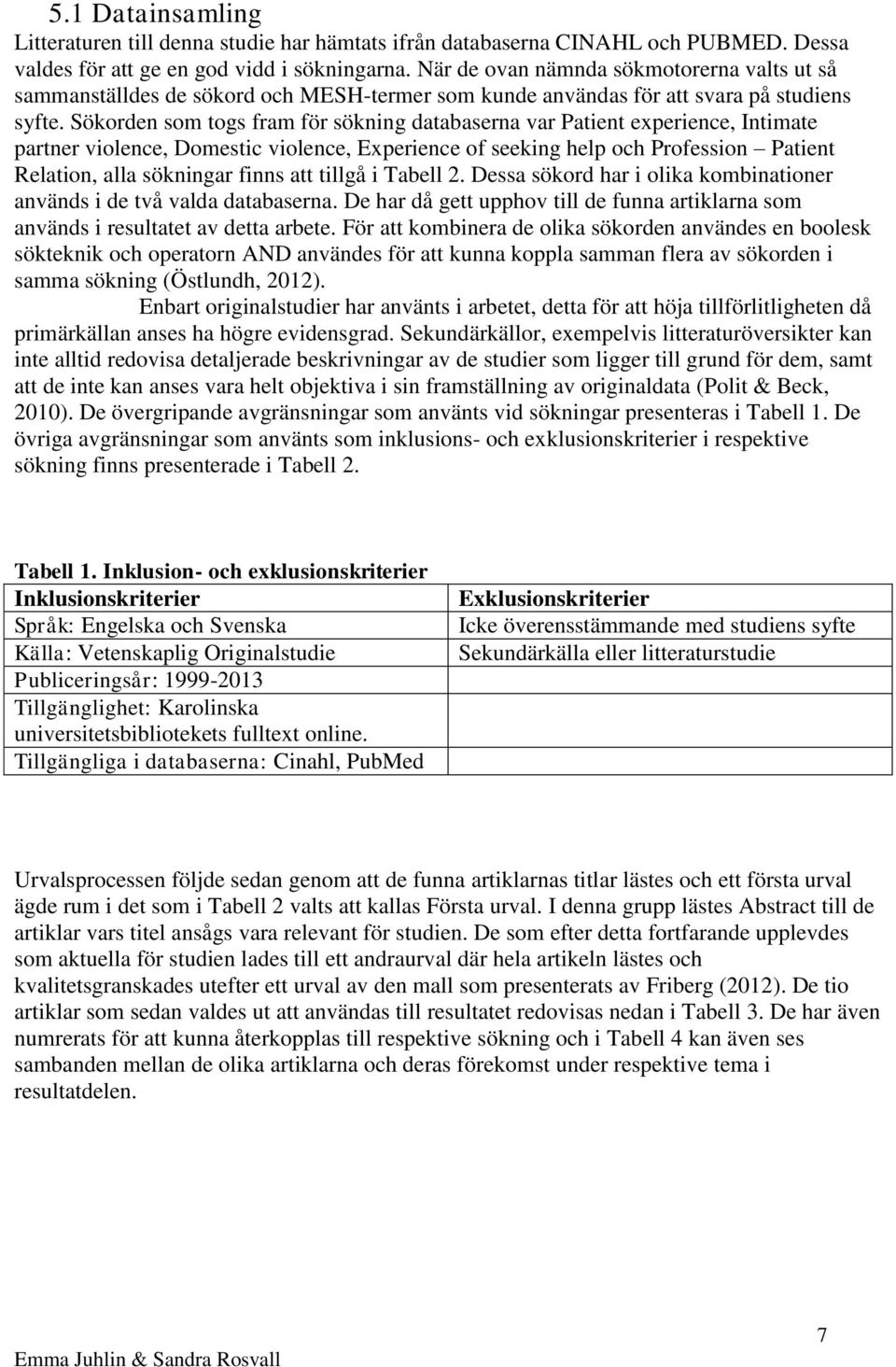 Sökorden som togs fram för sökning databaserna var Patient experience, Intimate partner violence, Domestic violence, Experience of seeking help och Profession Patient Relation, alla sökningar finns