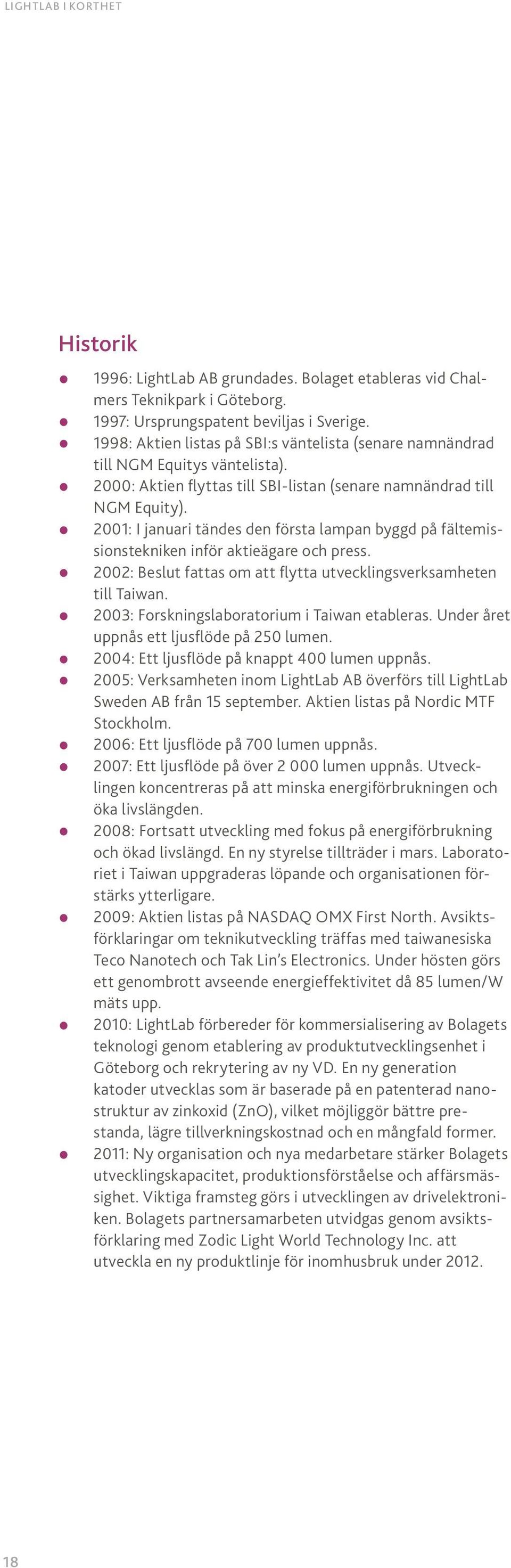 2001: I januari tändes den första lampan byggd på fältemissionstekniken inför aktieägare och press. 2002: Beslut fattas om att flytta utvecklingsverksamheten till Taiwan.