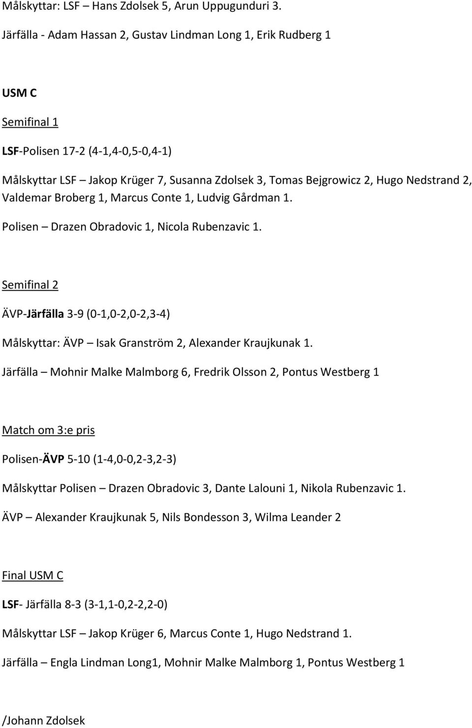 Nedstrand 2, Valdemar Broberg 1, Marcus Conte 1, Ludvig Gårdman 1. Polisen Drazen Obradovic 1, Nicola Rubenzavic 1.