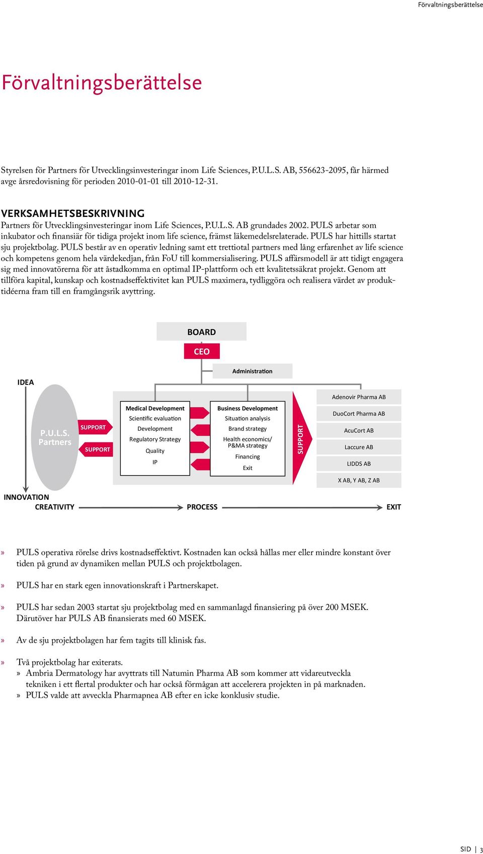 PULS arbetar som inkubator och finansiär för tidiga projekt inom life science, främst läkemedelsrelaterade. PULS har hittills startat sju projektbolag.