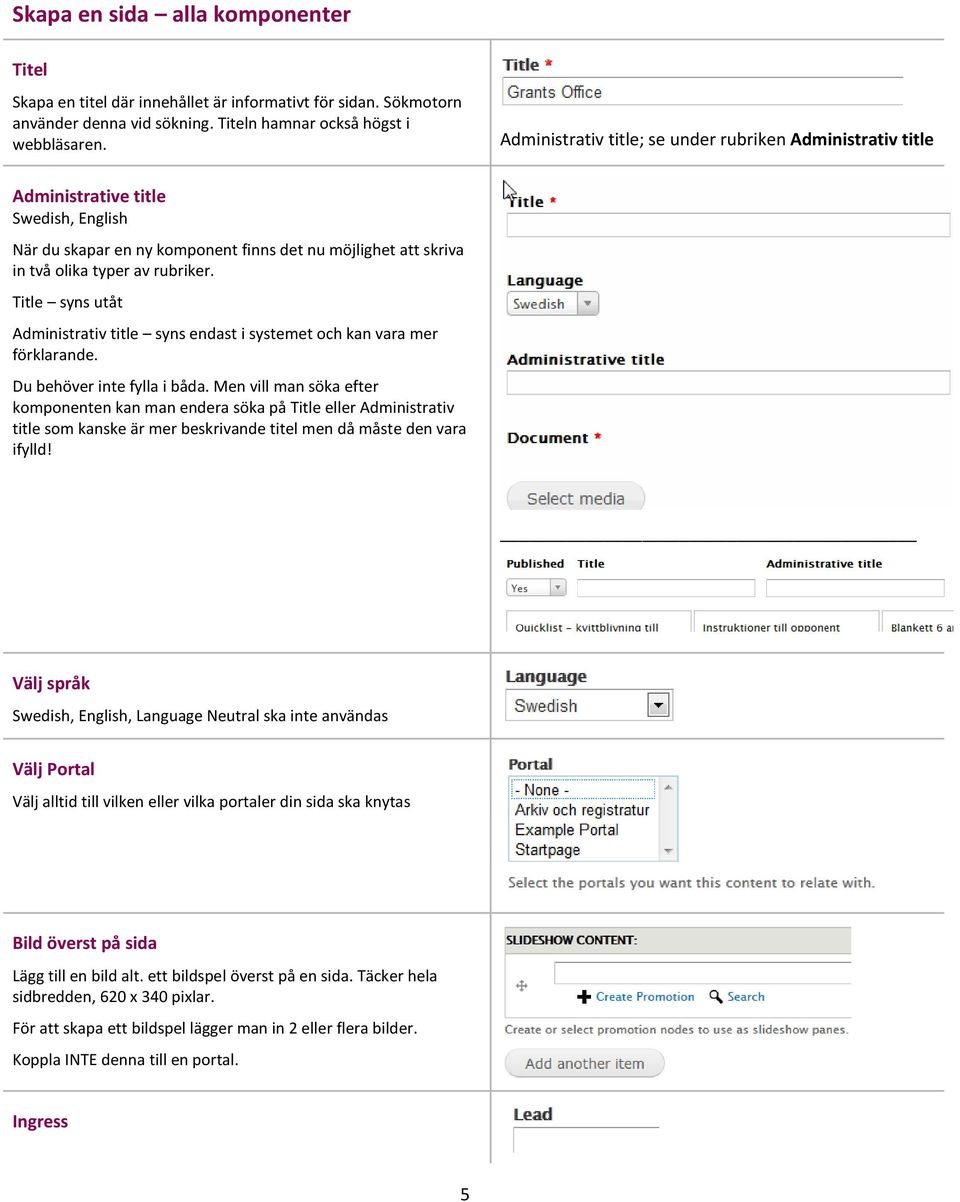 Title syns utåt Administrativ title syns endast i systemet och kan vara mer förklarande. Du behöver inte fylla i båda.