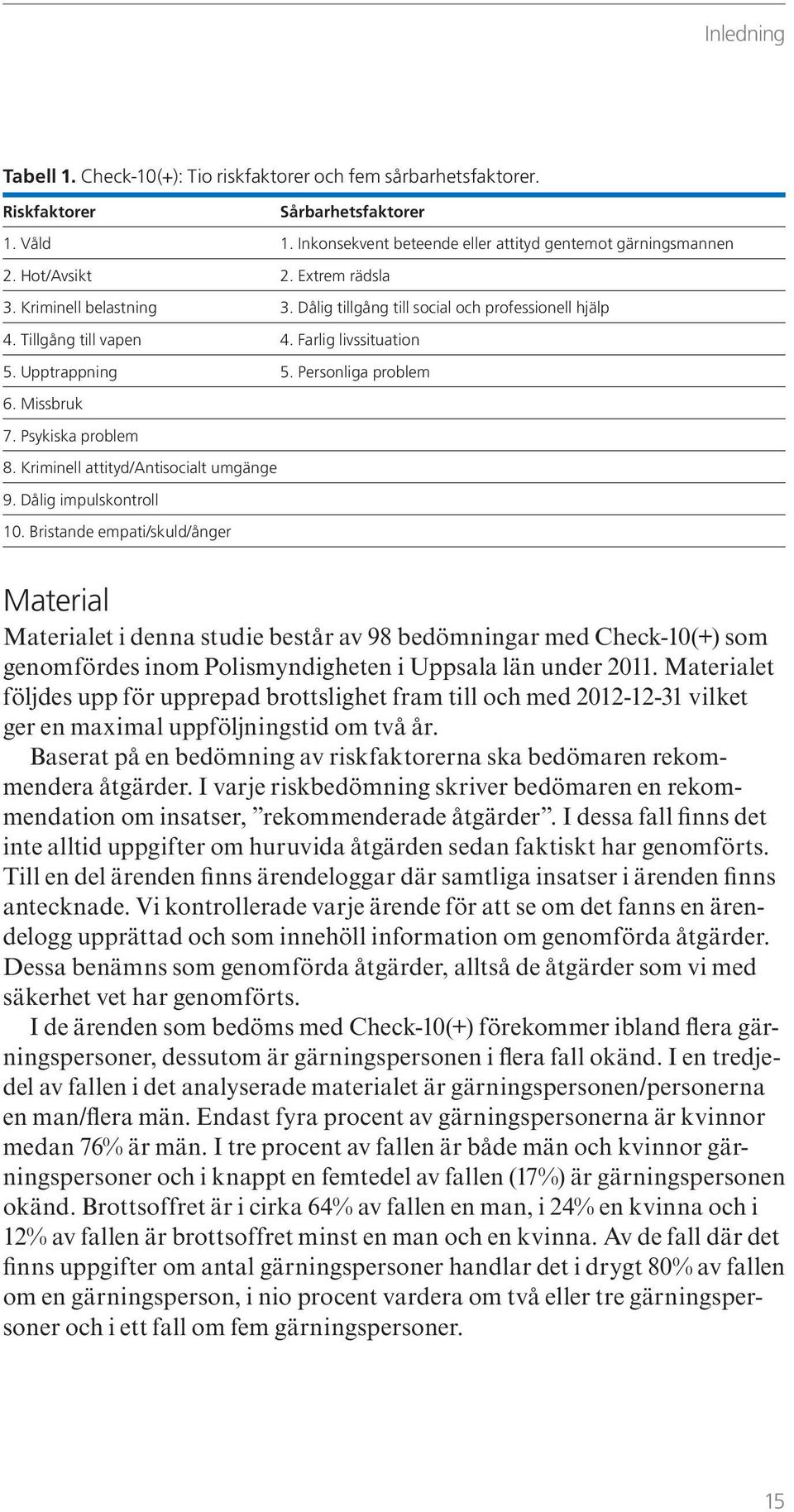 Psykiska problem 8. Kriminell attityd/antisocialt umgänge 9. Dålig impulskontroll 10.