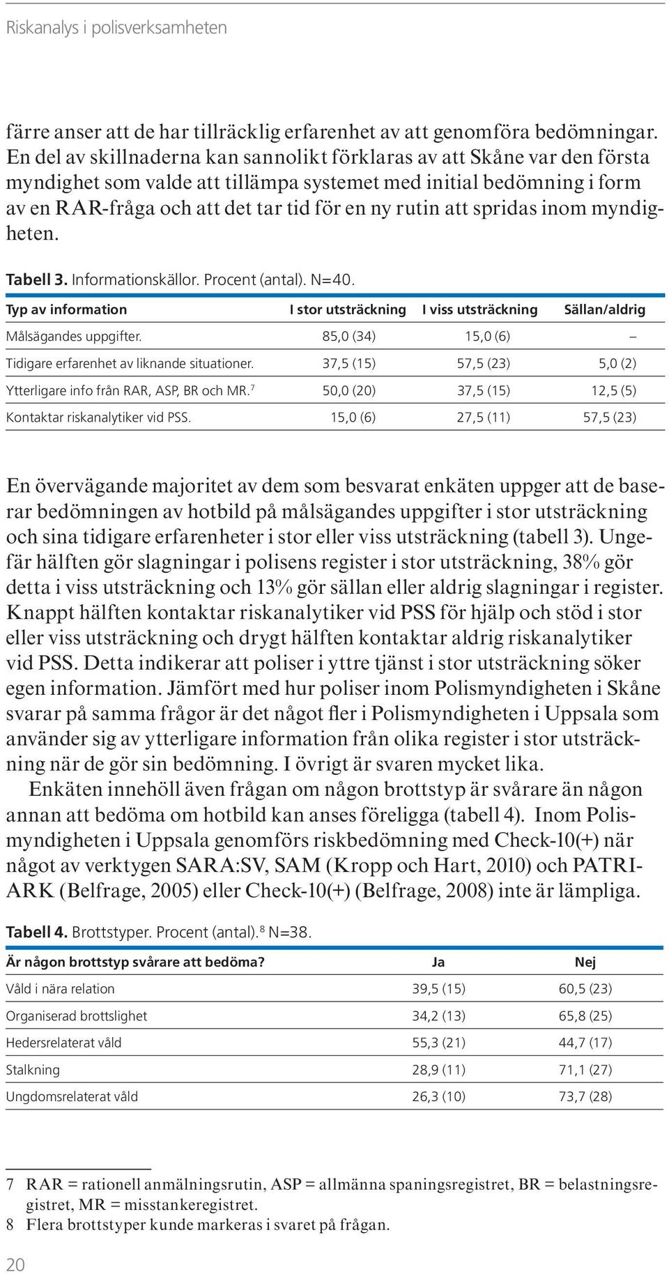 att spridas inom myndigheten. Tabell 3. Informationskällor. Procent (antal). N=40. Typ av information I stor utsträckning I viss utsträckning Sällan/aldrig Målsägandes uppgifter.