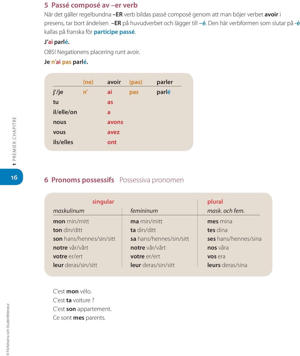 1 PREMIER CHAPITRE (ne) avoir (pas) parler j /je n ai pas parlé tu as il/elle/on a nous avons vous avez ils/elles ont 16 6 Pronoms possessifs Possessiva pronomen singular plural maskulinum femininum