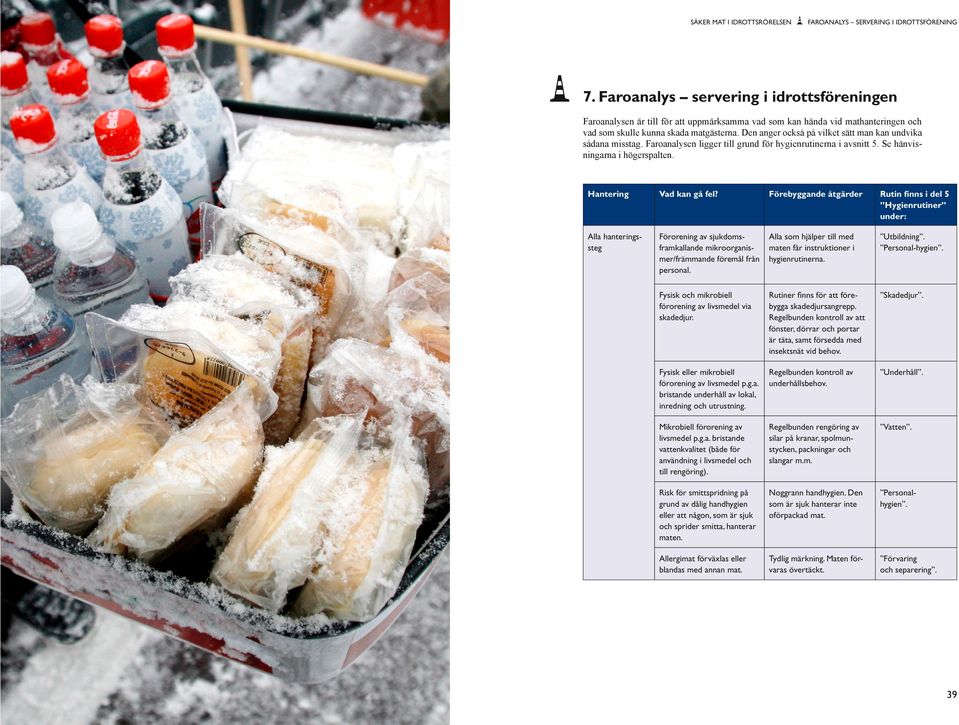 Den anger också på vilket sätt man kan undvika sådana misstag. Faroanalysen ligger till grund för hygienrutinerna i avsnitt 5. Se hänvisningarna i högerspalten. Hantering Vad kan gå fel?