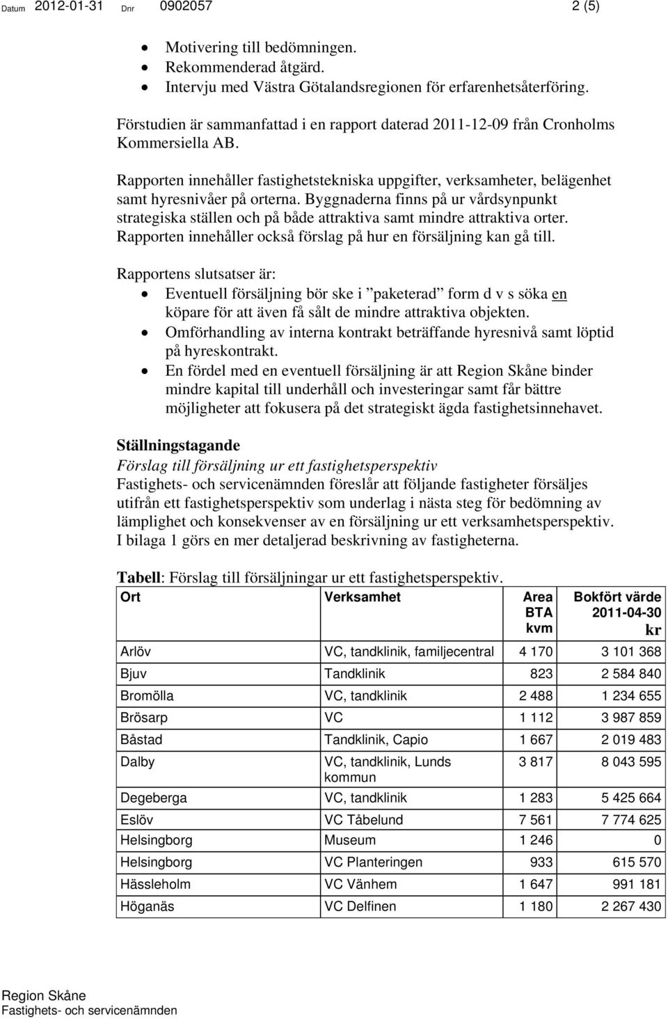 Byggnaderna finns på ur vårdsynpunkt strategiska ställen och på både attraktiva samt mindre attraktiva orter. Rapporten innehåller också förslag på hur en försäljning kan gå till.