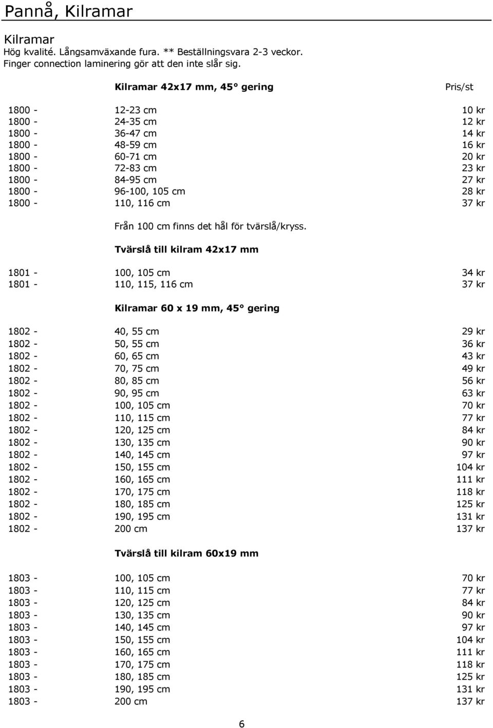 kr 1800-110, 116 cm 37 kr Från 100 cm finns det hål för tvärslå/kryss.