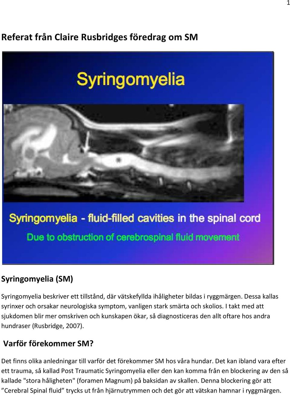 I takt med att sjukdomen blir mer omskriven och kunskapen ökar, så diagnosticeras den allt oftare hos andra hundraser (Rusbridge, 2007). Varför förekommer SM?