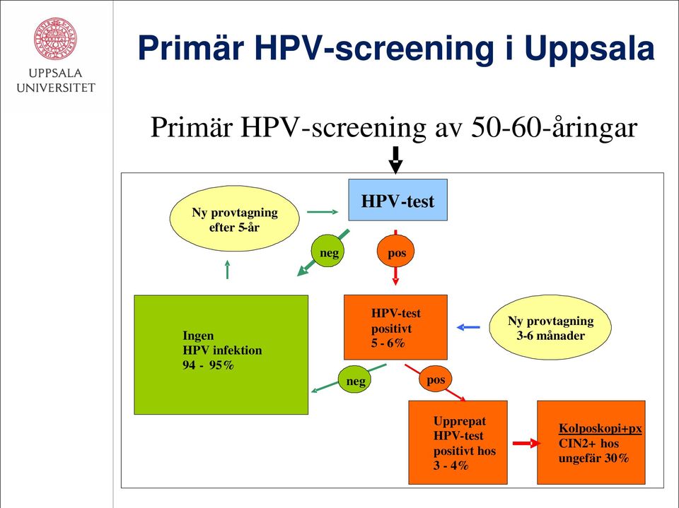 94-95% neg HPV - test positivt 5-6% pos pos Ny provtagning 3-6 m å