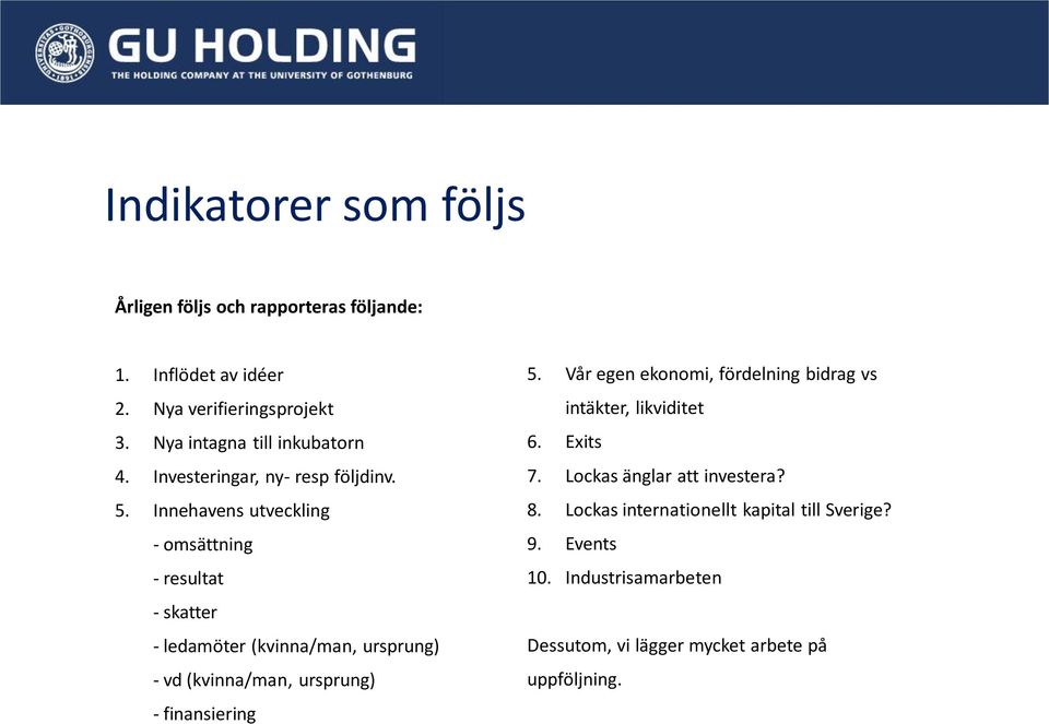 Innehavens utveckling - omsättning - resultat - skatter - ledamöter (kvinna/man, ursprung) - vd (kvinna/man, ursprung) - finansiering 5.