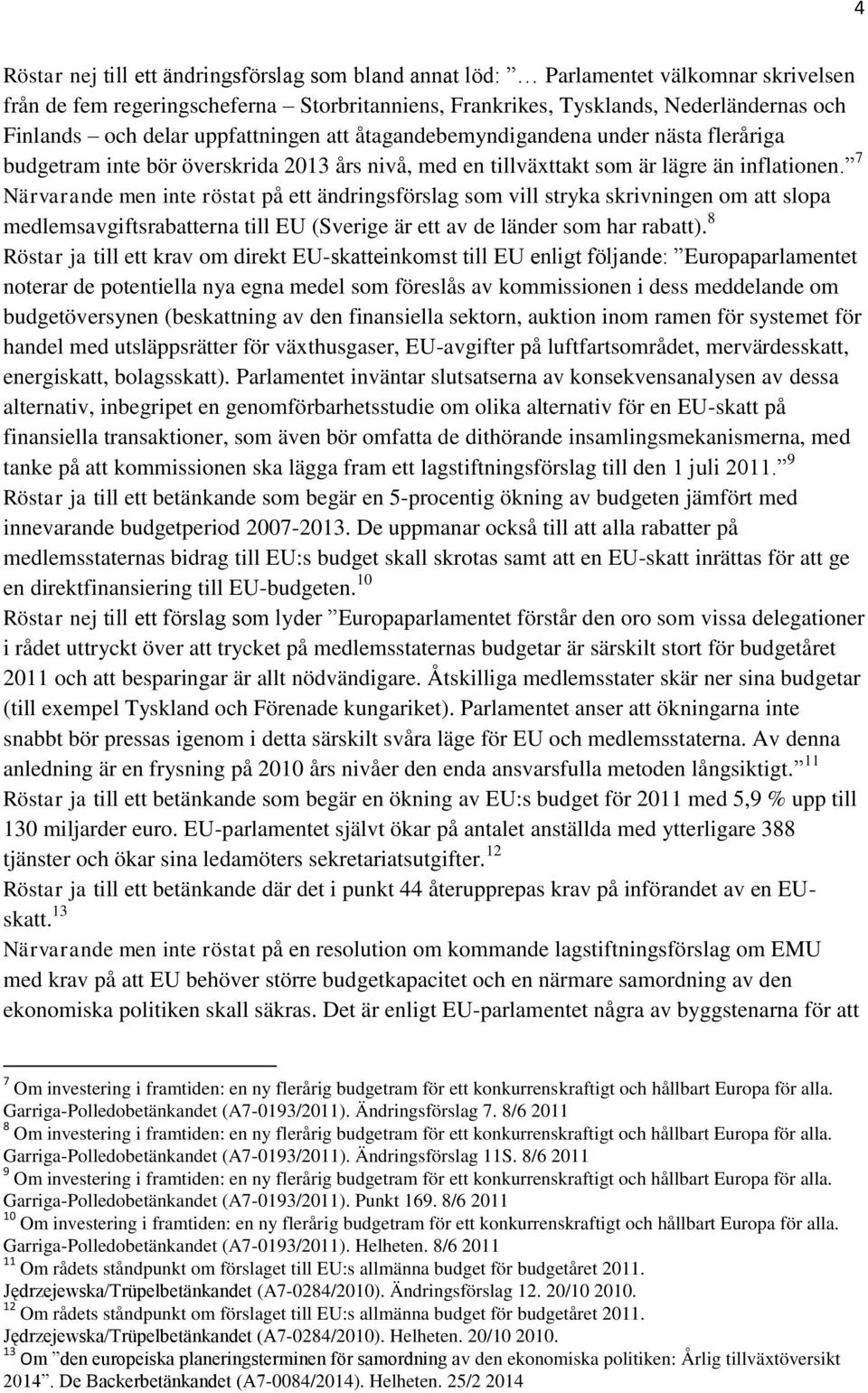 7 Närvarande men inte röstat på ett ändringsförslag som vill stryka skrivningen om att slopa medlemsavgiftsrabatterna till EU (Sverige är ett av de länder som har rabatt).