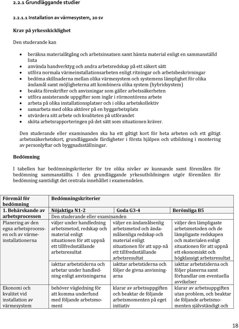 1 värmesystem, 20 sv Krav på yrkesskicklighet Den studerande kan beräkna materialåtgång och arbetsinsatsen samt hämta material enligt en sammanställd lista använda handverktyg och andra arbetsredskap