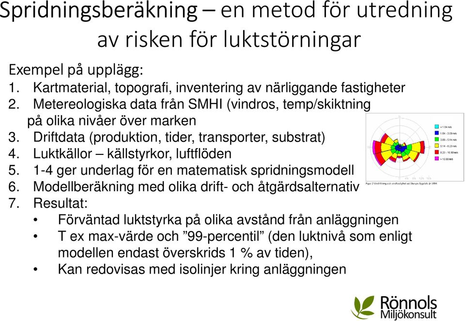 Luktkällor källstyrkor, luftflöden 5. 1-4 ger underlag för en matematisk spridningsmodell 6. Modellberäkning med olika drift- och åtgärdsalternativ 7.