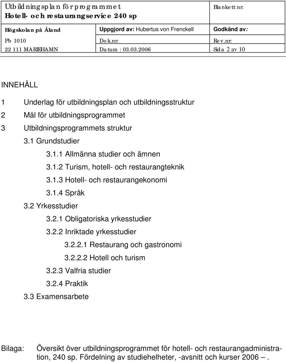 1.2 Turism, hotell- och restaurangteknik 3.1.3 Hotell- och restaurangekonomi 3.1.4 Språk 3.2 Yrkesstudier 3.2.1 Obligatoriska yrkesstudier 3.2.2 Inriktade yrkesstudier 3.2.2.1 Restaurang och gastronomi 3.