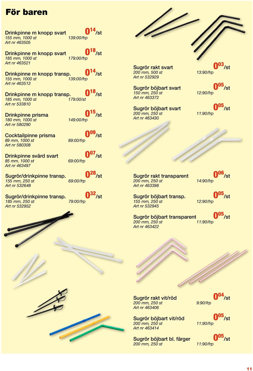 0 18 /st 185 mm, 1000 st 179:00/st Art nr 533810 Drinkpinne prisma 0 15 /st 180 mm, 1000 st 149:00/frp Art nr 580290 Sugrör rakt svart 0 03 /st 200 mm, 500 st 13:90/frp Art nr 532929 Sugrör böjbart