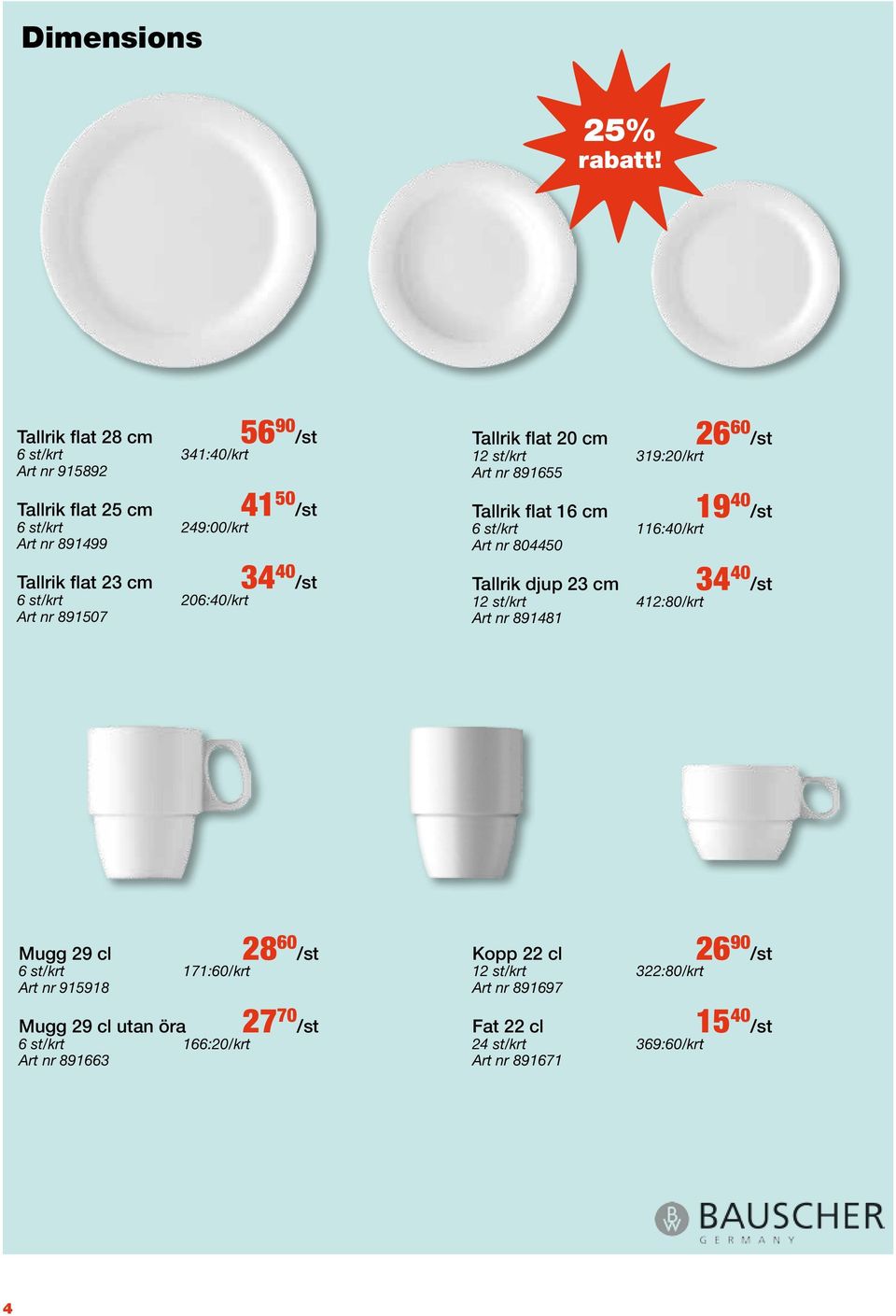 116:40/krt Art nr 804450 Tallrik djup 23 cm 34 40 /st 12 st/krt 412:80/krt Art nr 891481 Mugg 29 cl 28 60 /st 6 st/krt 171:60/krt Art nr 915918 Mugg 29 cl