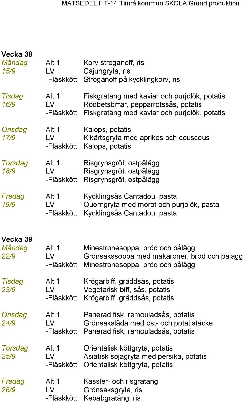 1 Kalops, potatis 17/9 LV Kikärtsgryta med aprikos och couscous -Fläskkött Kalops, potatis Torsdag Alt.