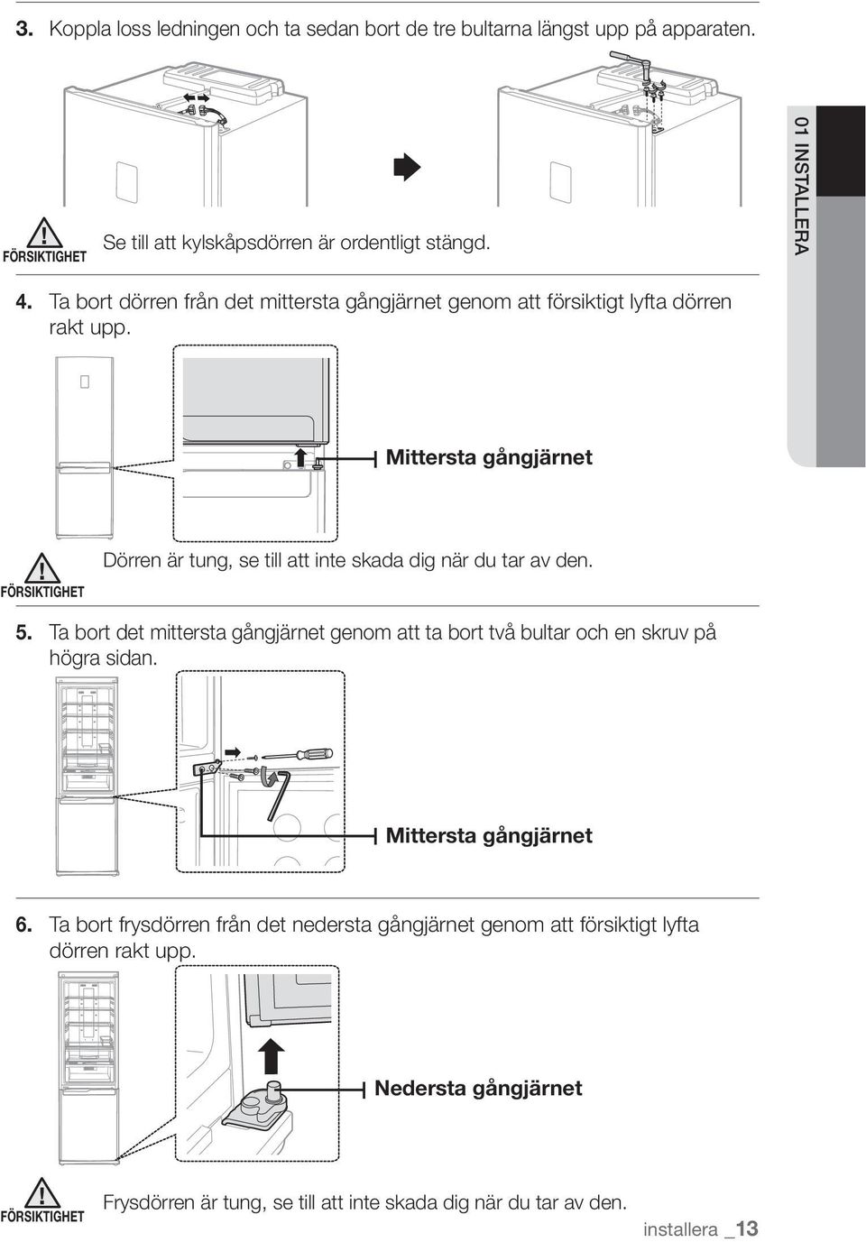 Mittersta gångjärnet FÖRSIKTIGHET Dörren är tung, se till att inte skada dig när du tar av den. 5.