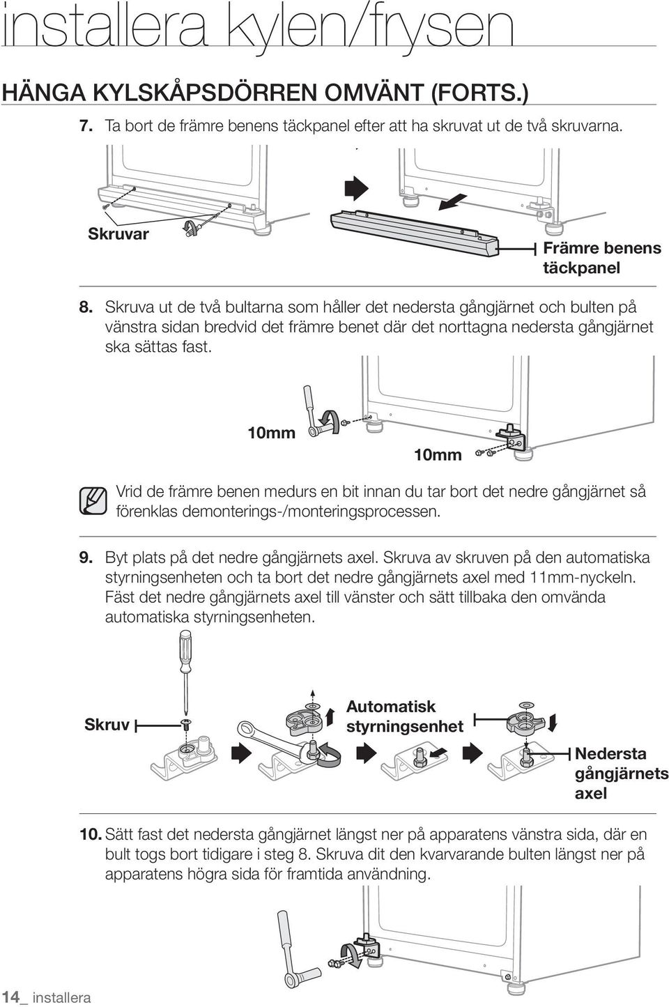 10mm 10mm Vrid de främre benen medurs en bit innan du tar bort det nedre gångjärnet så förenklas demonterings-/monteringsprocessen. 9. Byt plats på det nedre gångjärnets axel.