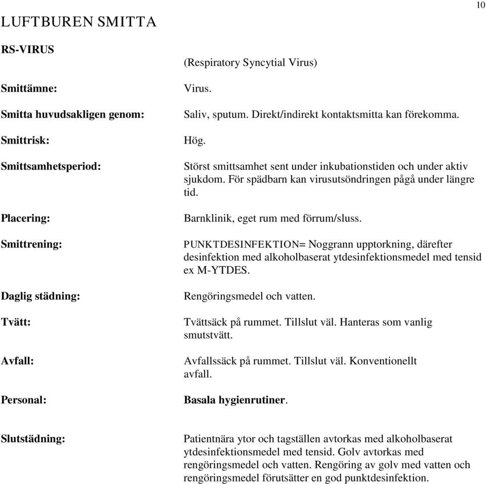 PUNKTDESINFEKTION= Noggrann upptorkning, därefter ex M-YTDES. Rengöringsmedel och vatten. Tvättsäck på rummet. Tillslut väl. Hanteras som vanlig smutstvätt. Avfallssäck på rummet. Tillslut väl. Konventionellt avfall.