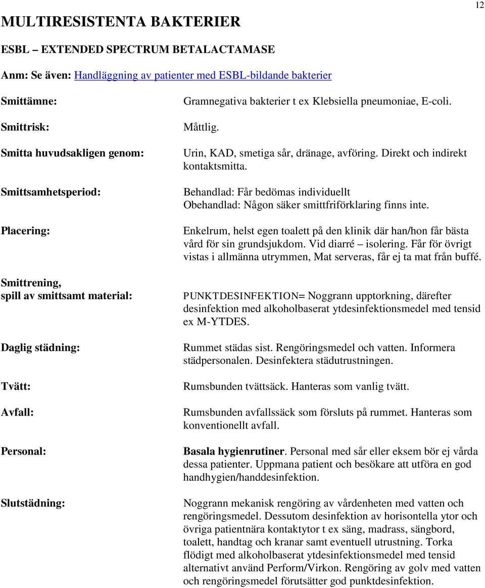 Enkelrum, helst egen toalett på den klinik där han/hon får bästa vård för sin grundsjukdom. Vid diarré isolering. Får för övrigt vistas i allmänna utrymmen, Mat serveras, får ej ta mat från buffé.