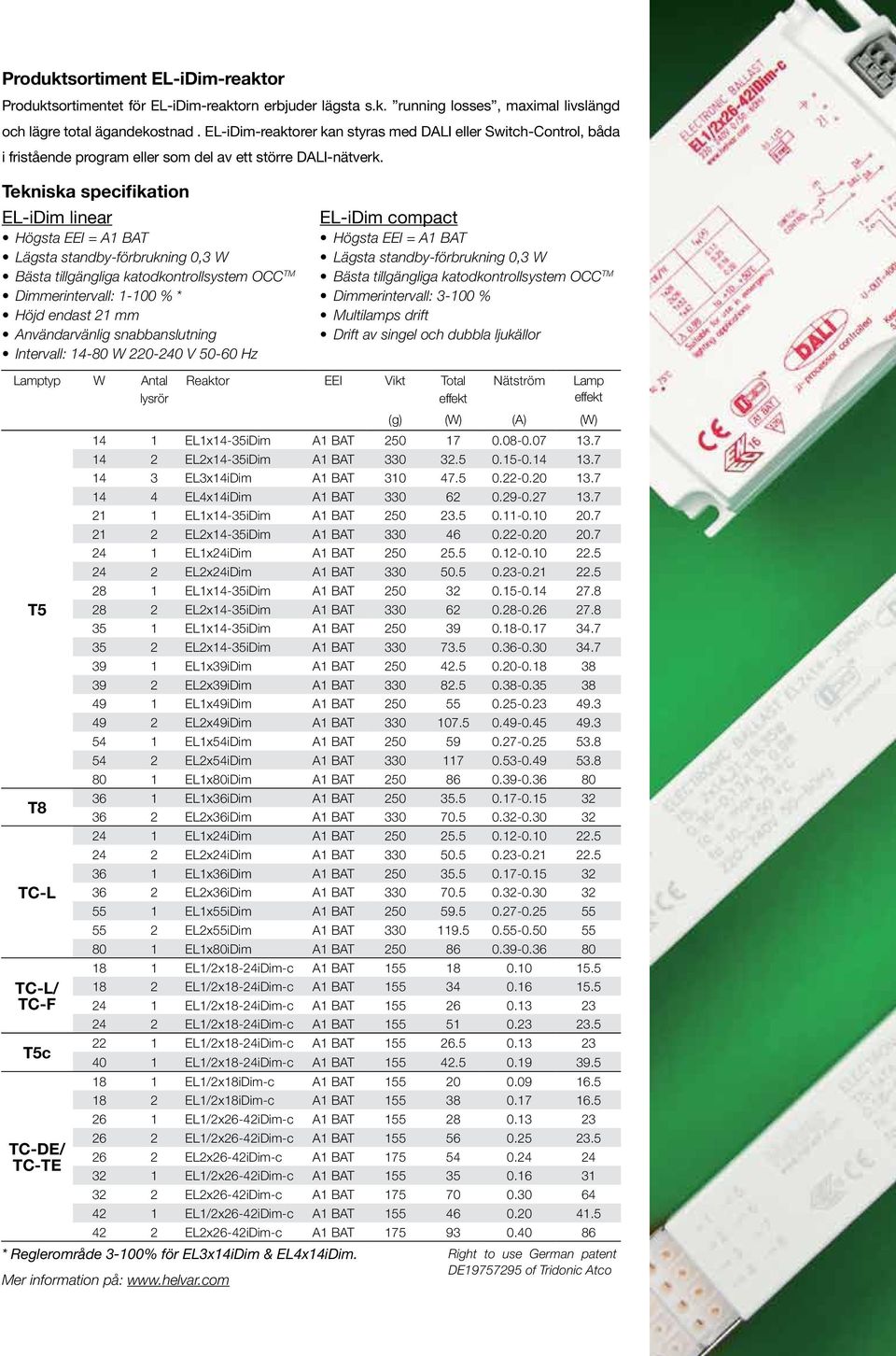 Tekniska specifikation EL-iDim linear Högsta EEI = A1 BAT Lägsta standby-förbrukning 0,3 W Bästa tillgängliga katodkontrollsystem OCC TM Dimmerintervall: 1-100 % * Höjd endast 21 mm Användarvänlig