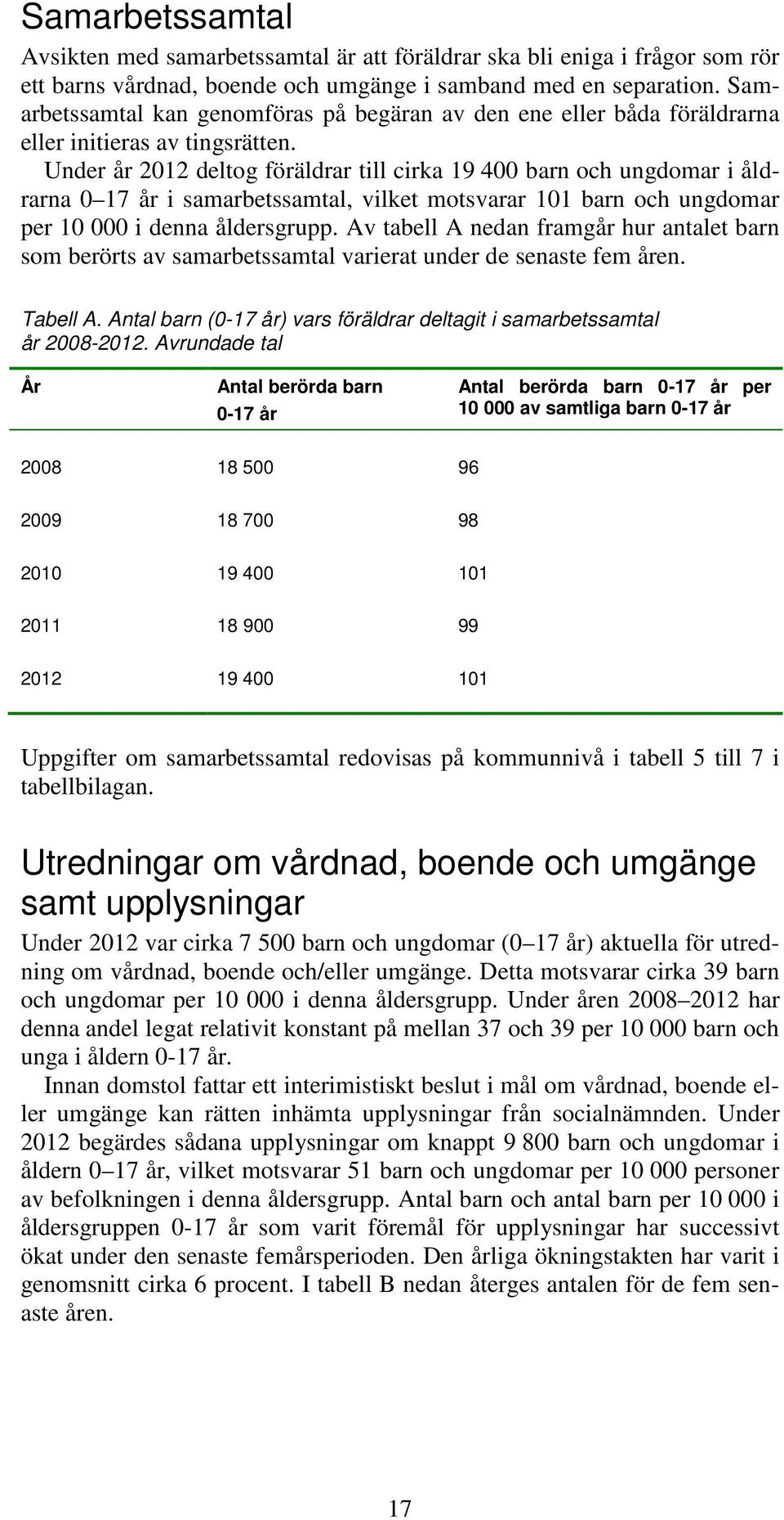 Under år 2012 deltog föräldrar till cirka 19 400 barn och ungdomar i åldrarna 0 17 år i samarbetssamtal, vilket motsvarar 101 barn och ungdomar per 10 000 i denna åldersgrupp.